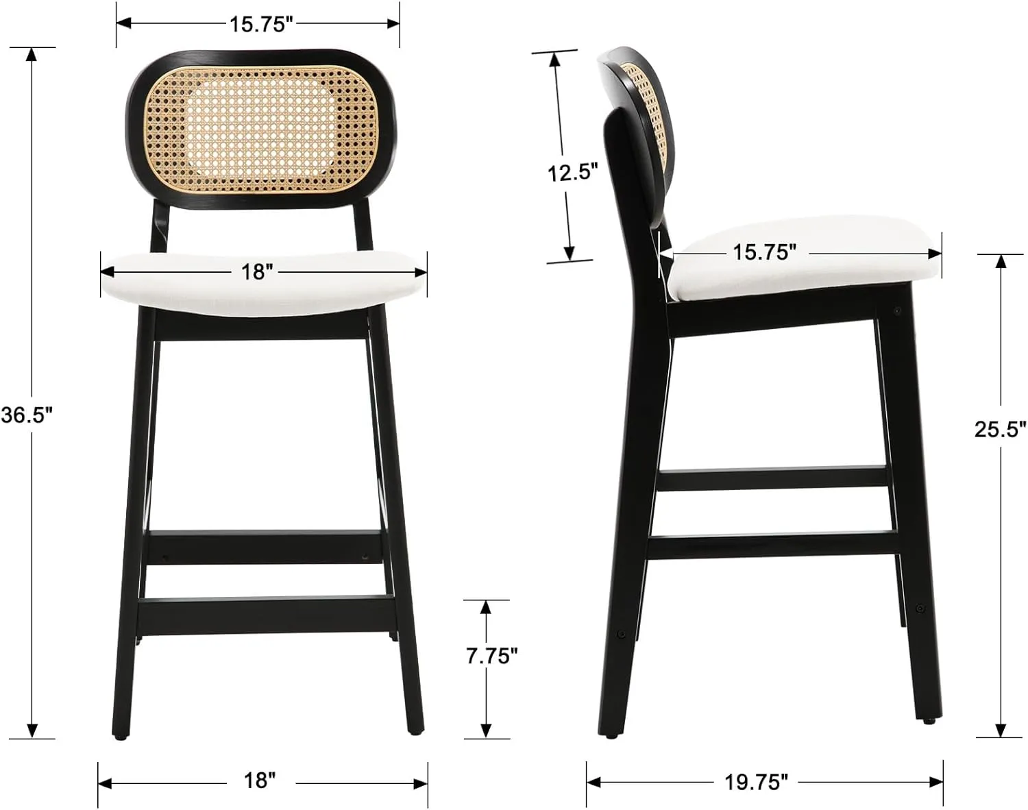 EALSON Counter Height Bar Stools Set of 2 Rattan Back Farmhouse Barstools Mid Century Modern Bar Chairs with Black Wood Legs Sherpa Upholstered Kitchen Island Stools for Pub/Breakfast Bar, Beige