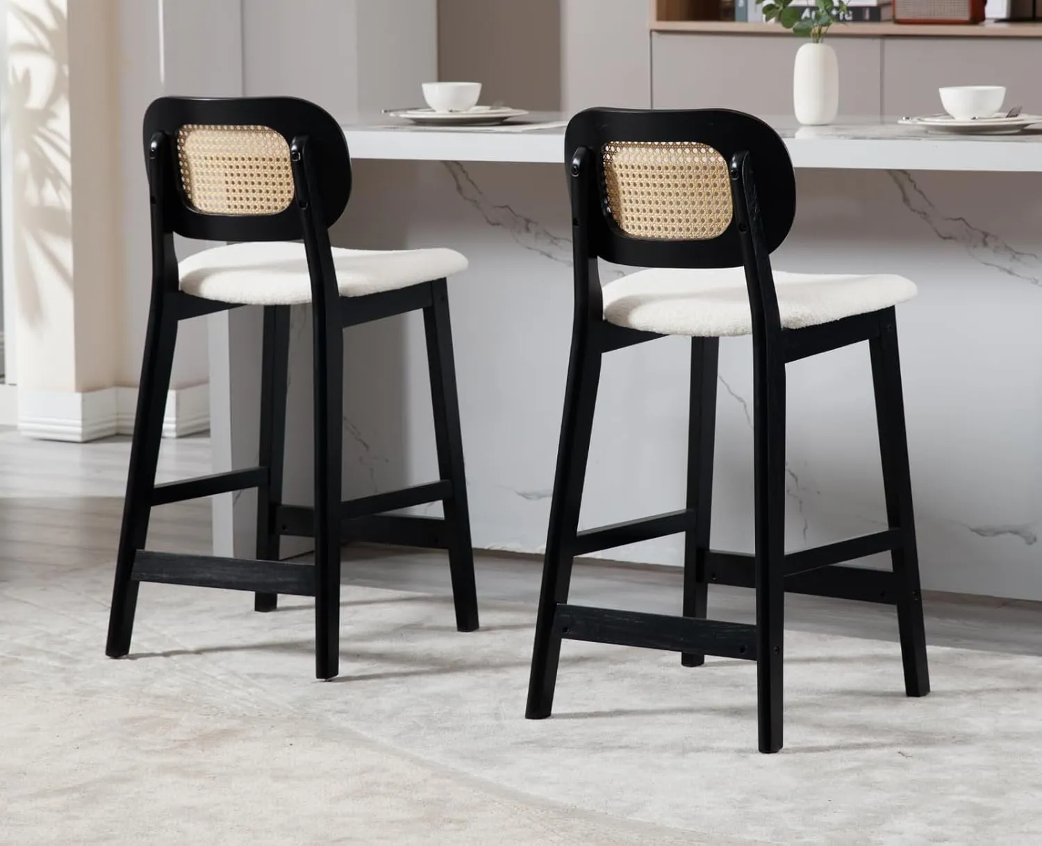 EALSON Counter Height Bar Stools Set of 2 Rattan Back Farmhouse Barstools Mid Century Modern Bar Chairs with Black Wood Legs Sherpa Upholstered Kitchen Island Stools for Pub/Breakfast Bar, Beige