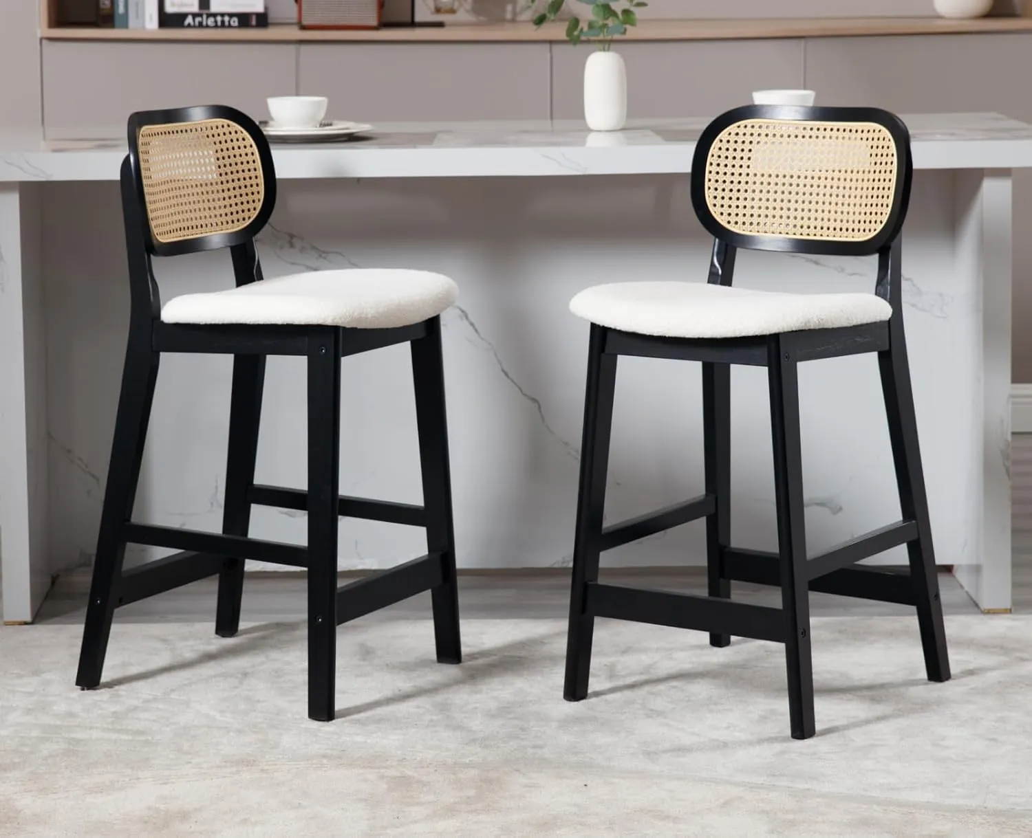 EALSON Counter Height Bar Stools Set of 2 Rattan Back Farmhouse Barstools Mid Century Modern Bar Chairs with Black Wood Legs Sherpa Upholstered Kitchen Island Stools for Pub/Breakfast Bar, Beige