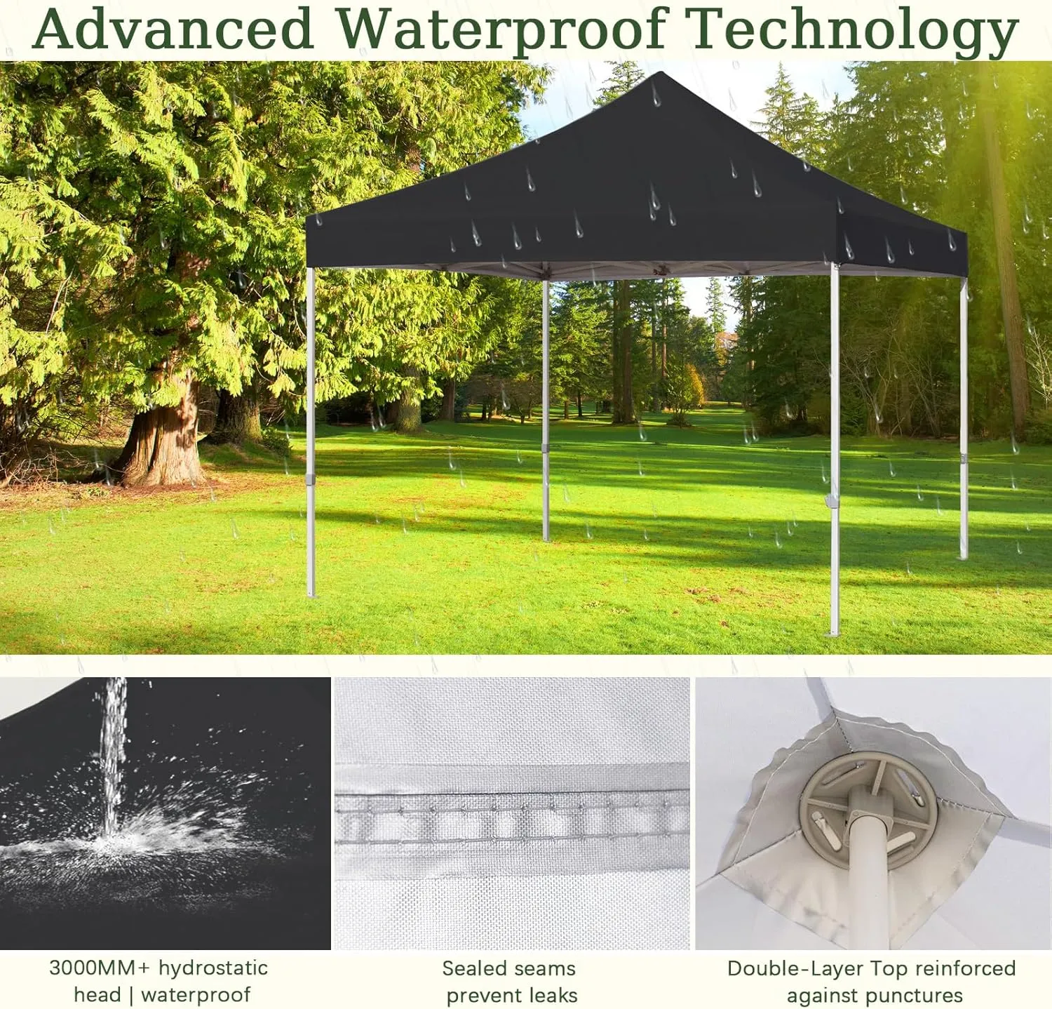 Easy 10x10 Pop Up Canopy Tent with Peak Tensioner, Heavy Duty for Commercial Use, Industry-Leading 3000mm Waterproof, 500D Silver Coated Top, Wheeled Bag, 4 Sandbags, Stakes & Ropes, Black