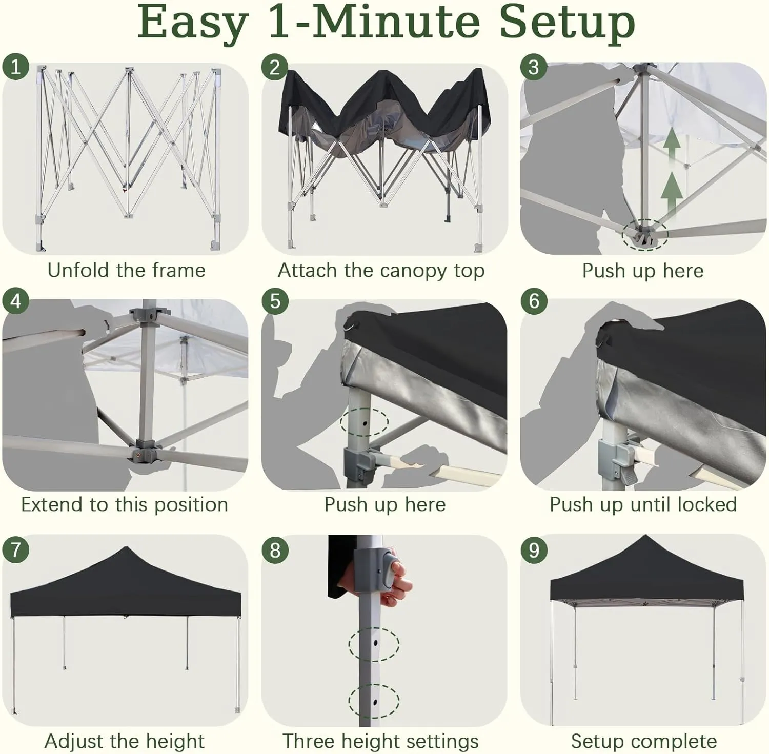 Easy 10x10 Pop Up Canopy Tent with Peak Tensioner, Heavy Duty for Commercial Use, Industry-Leading 3000mm Waterproof, 500D Silver Coated Top, Wheeled Bag, 4 Sandbags, Stakes & Ropes, Black