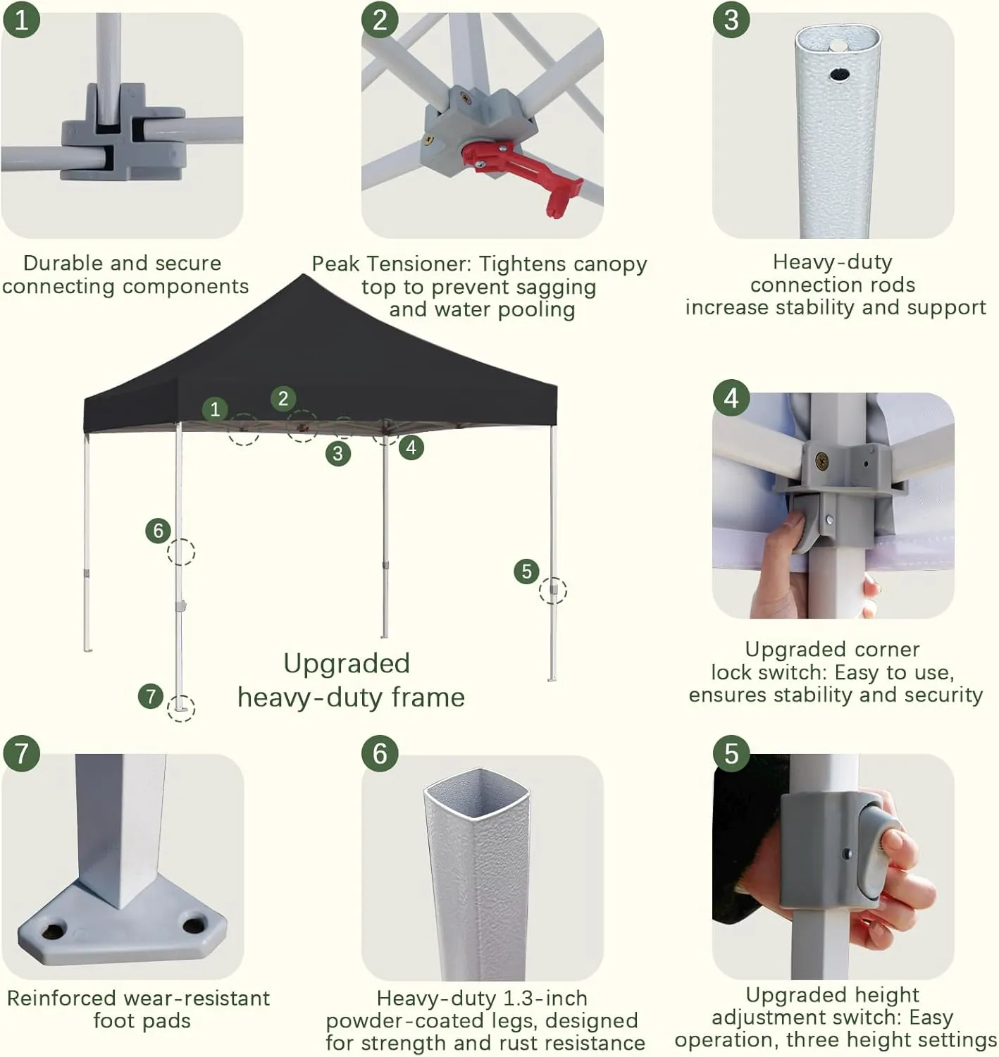 Easy 10x10 Pop Up Canopy Tent with Peak Tensioner, Heavy Duty for Commercial Use, Industry-Leading 3000mm Waterproof, 500D Silver Coated Top, Wheeled Bag, 4 Sandbags, Stakes & Ropes, Black