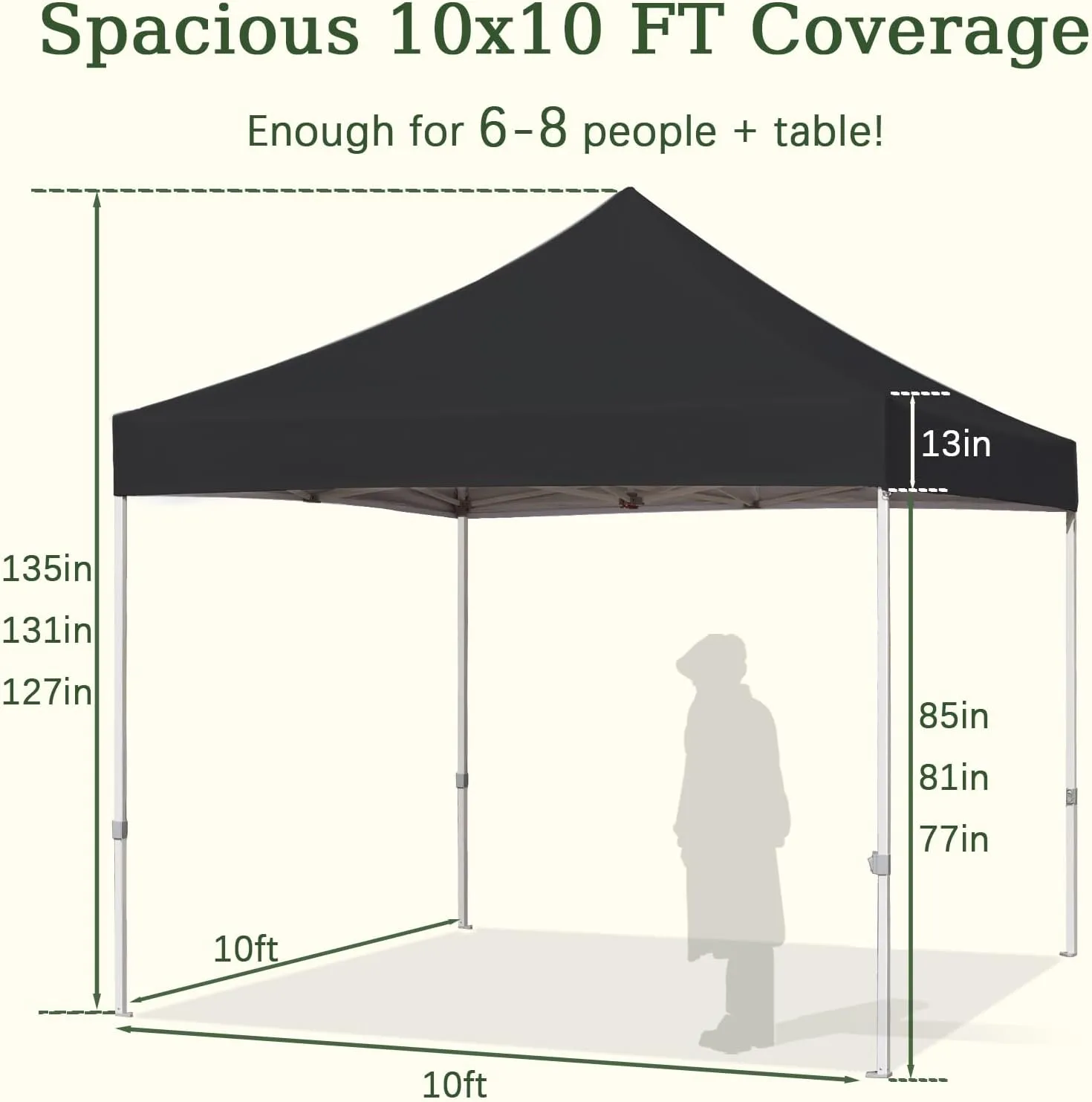 Easy 10x10 Pop Up Canopy Tent with Peak Tensioner, Heavy Duty for Commercial Use, Industry-Leading 3000mm Waterproof, 500D Silver Coated Top, Wheeled Bag, 4 Sandbags, Stakes & Ropes, Black