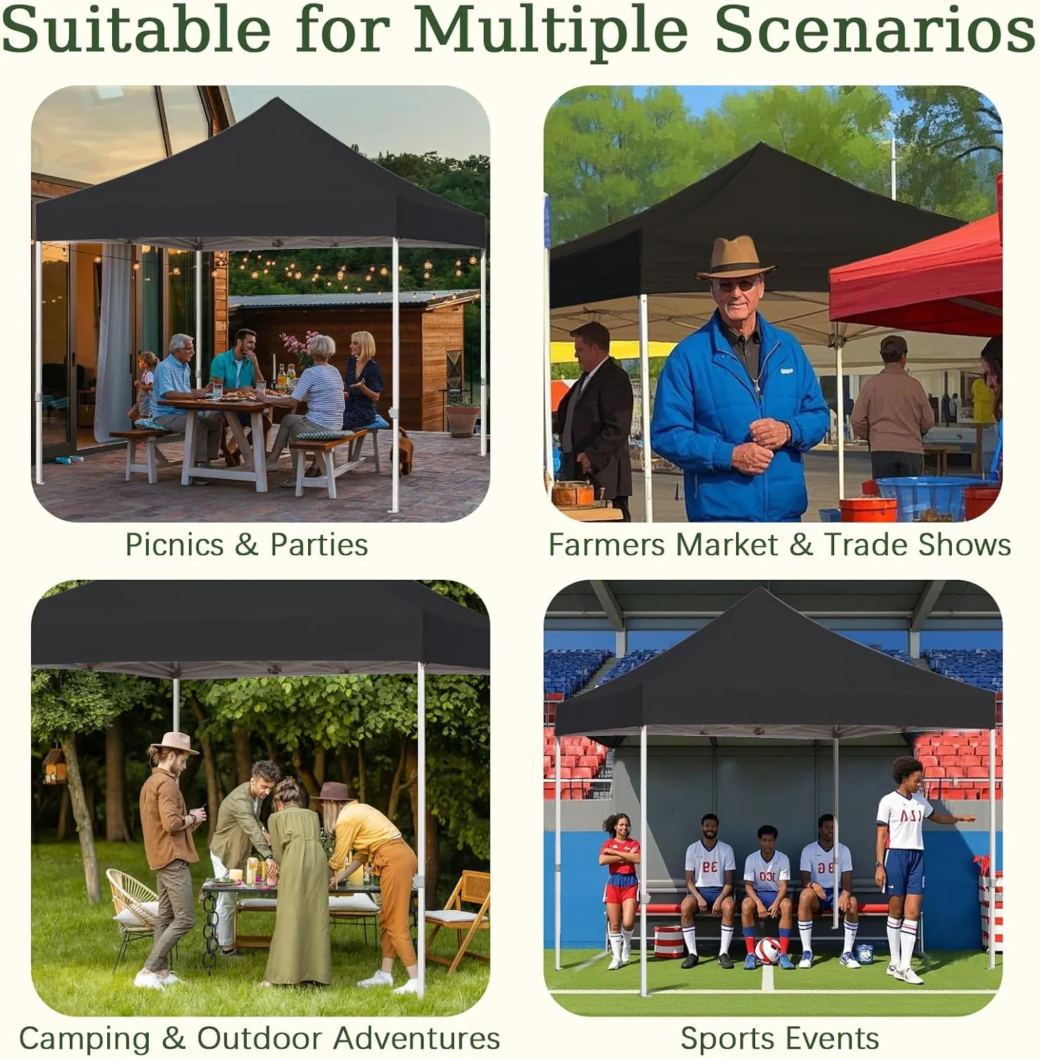 Easy 10x10 Pop Up Canopy Tent with Peak Tensioner, Heavy Duty for Commercial Use, Industry-Leading 3000mm Waterproof, 500D Silver Coated Top, Wheeled Bag, 4 Sandbags, Stakes & Ropes, Black