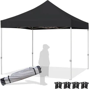 Easy 10x10 Pop Up Canopy Tent with Peak Tensioner, Heavy Duty for Commercial Use, Industry-Leading 3000mm Waterproof, 500D Silver Coated Top, Wheeled Bag, 4 Sandbags, Stakes & Ropes, Black