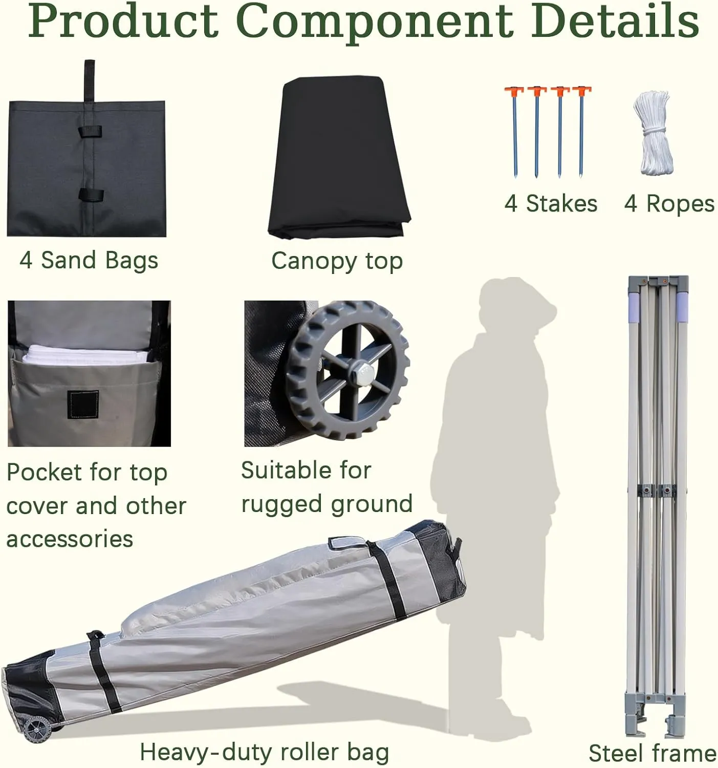 Easy 10x10 Pop Up Canopy Tent with Peak Tensioner, Heavy Duty for Commercial Use, Industry-Leading 3000mm Waterproof, 500D Silver Coated Top, Wheeled Bag, 4 Sandbags, Stakes & Ropes, Black
