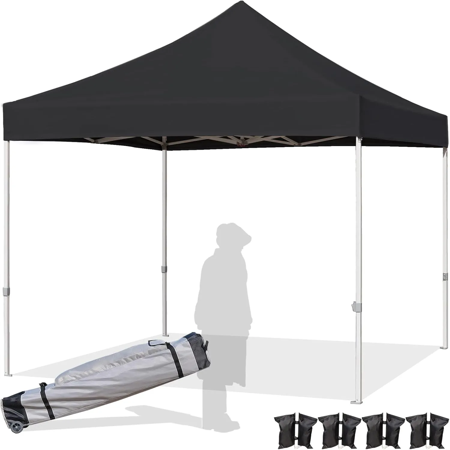 Easy 10x10 Pop Up Canopy Tent with Peak Tensioner, Heavy Duty for Commercial Use, Industry-Leading 3000mm Waterproof, 500D Silver Coated Top, Wheeled Bag, 4 Sandbags, Stakes & Ropes, Black