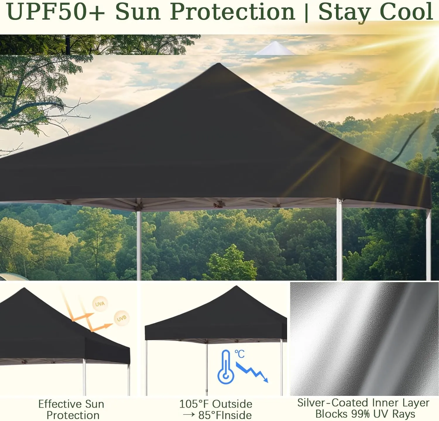 Easy 10x10 Pop Up Canopy Tent with Peak Tensioner, Heavy Duty for Commercial Use, Industry-Leading 3000mm Waterproof, 500D Silver Coated Top, Wheeled Bag, 4 Sandbags, Stakes & Ropes, Black