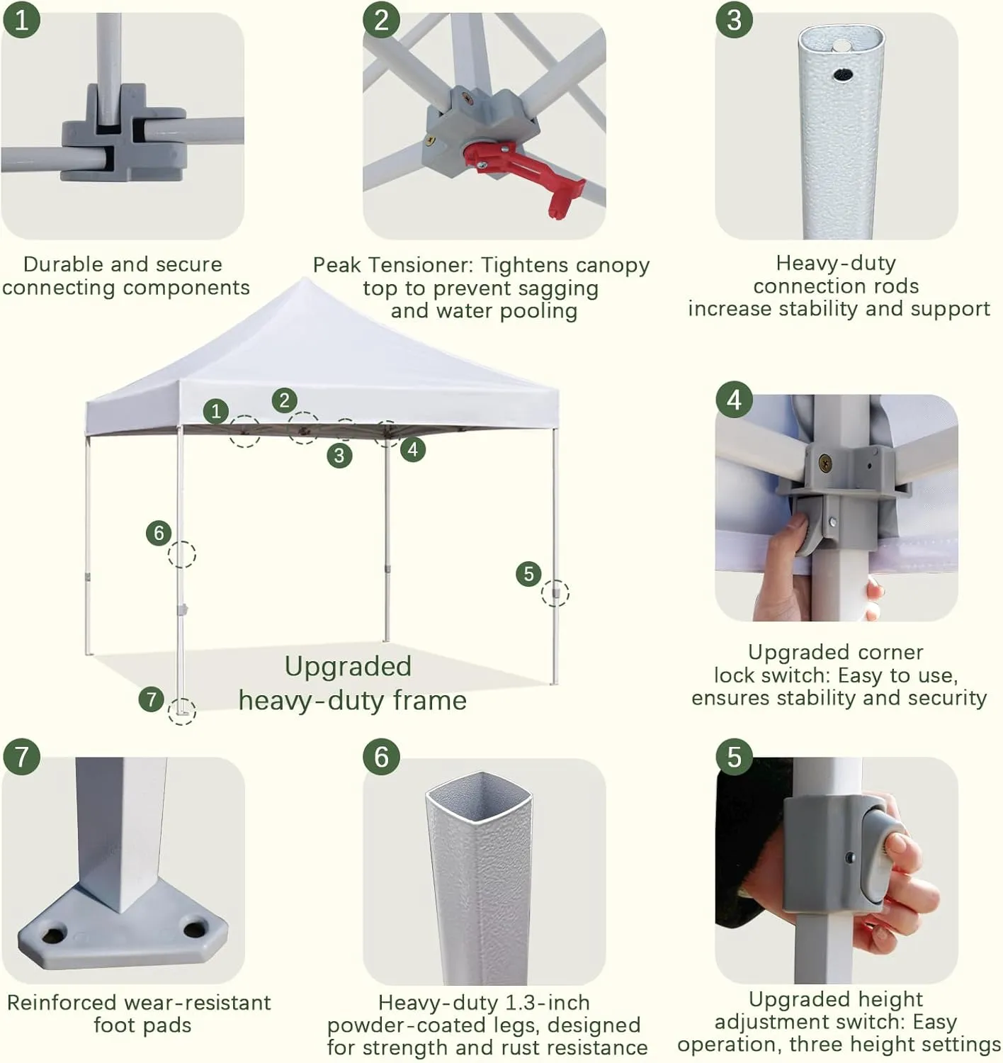Easy 10x10 Pop Up Canopy Tent with Peak Tensioner, Heavy Duty for Commercial Use, Industry-Leading 3000mm Waterproof, 500D Silver Coated Top, Wheeled Bag, 4 Sandbags, Stakes & Ropes, White