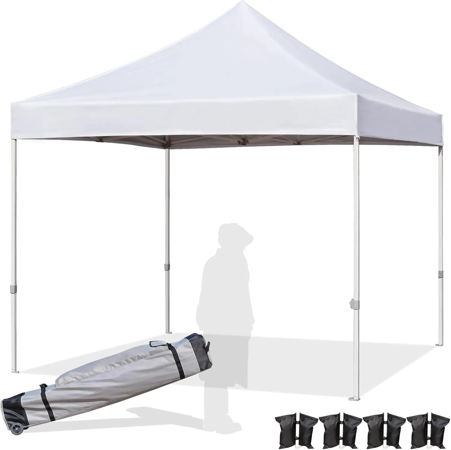 Easy 10x10 Pop Up Canopy Tent with Peak Tensioner, Heavy Duty for Commercial Use, Industry-Leading 3000mm Waterproof, 500D Silver Coated Top, Wheeled Bag, 4 Sandbags, Stakes & Ropes, White