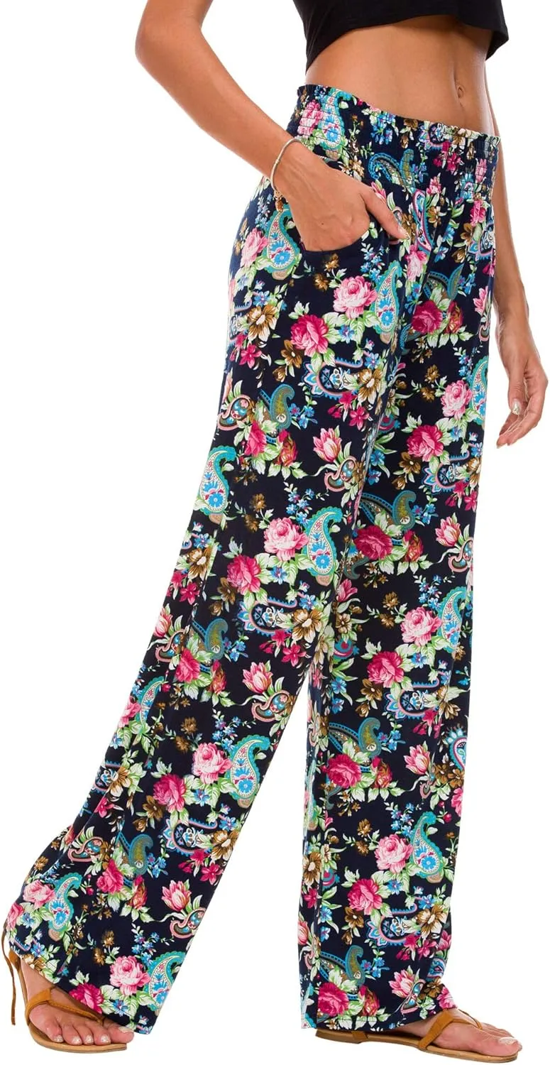 EEVASS Women's Casual Wide Leg Floral Print Palazzo Lounge Pants Stretchy Boho Pants