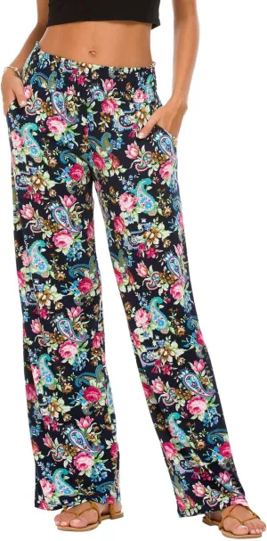 EEVASS Women's Casual Wide Leg Floral Print Palazzo Lounge Pants Stretchy Boho Pants