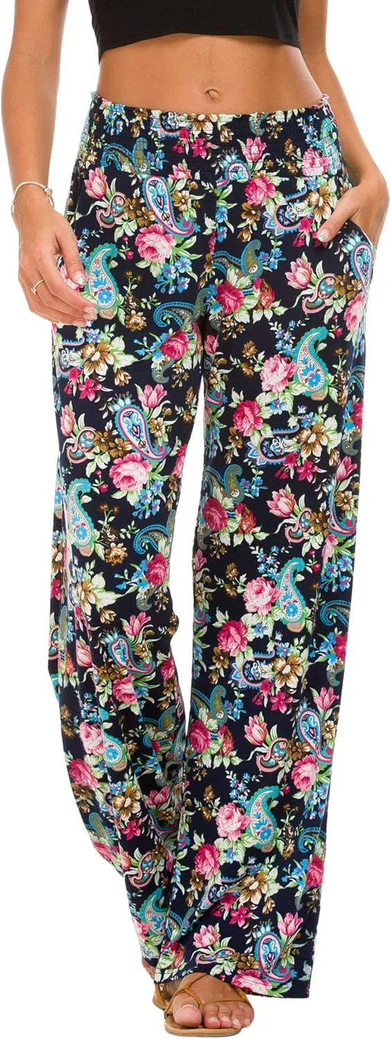 EEVASS Women's Casual Wide Leg Floral Print Palazzo Lounge Pants Stretchy Boho Pants