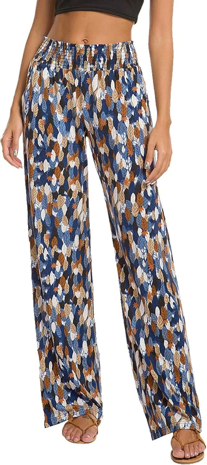 EEVASS Women's Casual Wide Leg Floral Print Palazzo Lounge Pants Stretchy Boho Pants