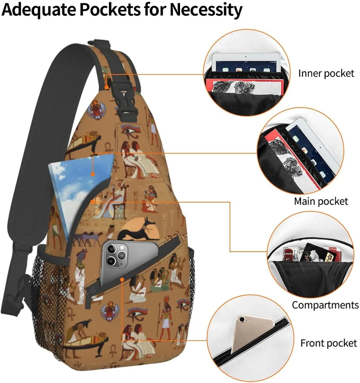 Egyptian Sling Backpack Chest Bag Crossbody Shoulder Bag Gym Cycling Travel Hiking Daypack For Men Women