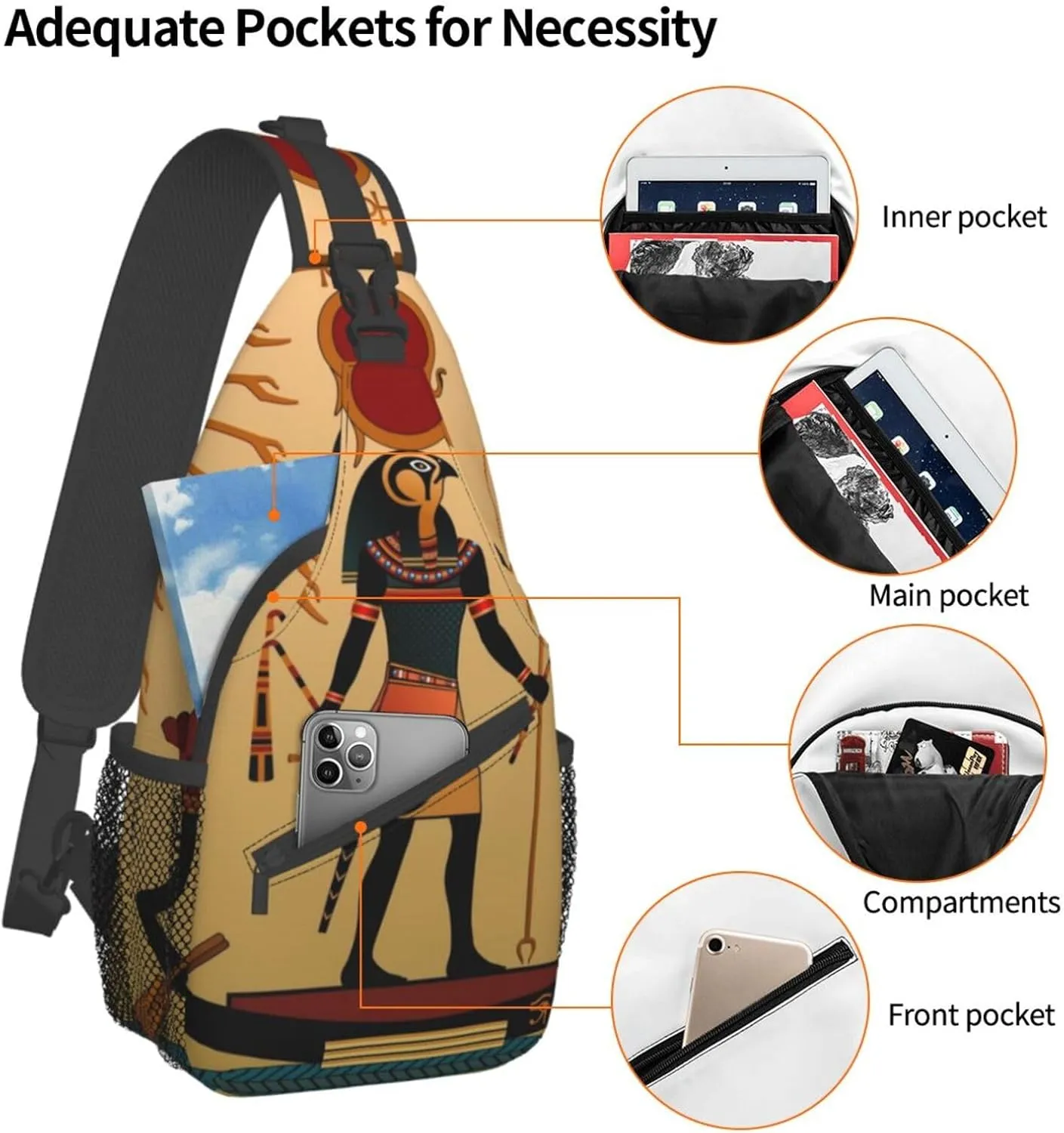 Egyptian Sling Backpack Chest Bag Crossbody Shoulder Bag Gym Cycling Travel Hiking Daypack For Men Women