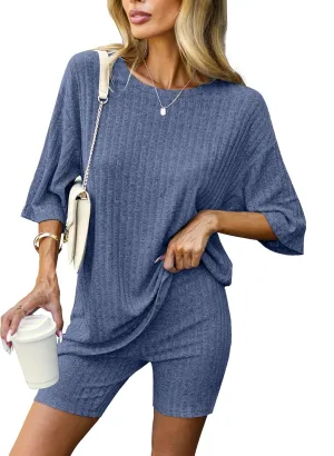 Ekouaer Pajamas 2 Piece Lounge Sets Ribbed Knit Matching Outfits T-shirt Biker Shorts Sleepwear Loungewear Sweatsuits