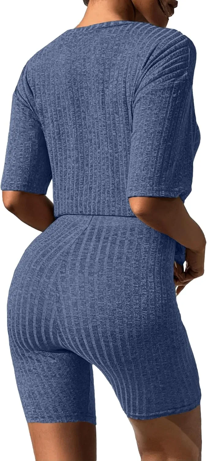 Ekouaer Pajamas 2 Piece Lounge Sets Ribbed Knit Matching Outfits T-shirt Biker Shorts Sleepwear Loungewear Sweatsuits