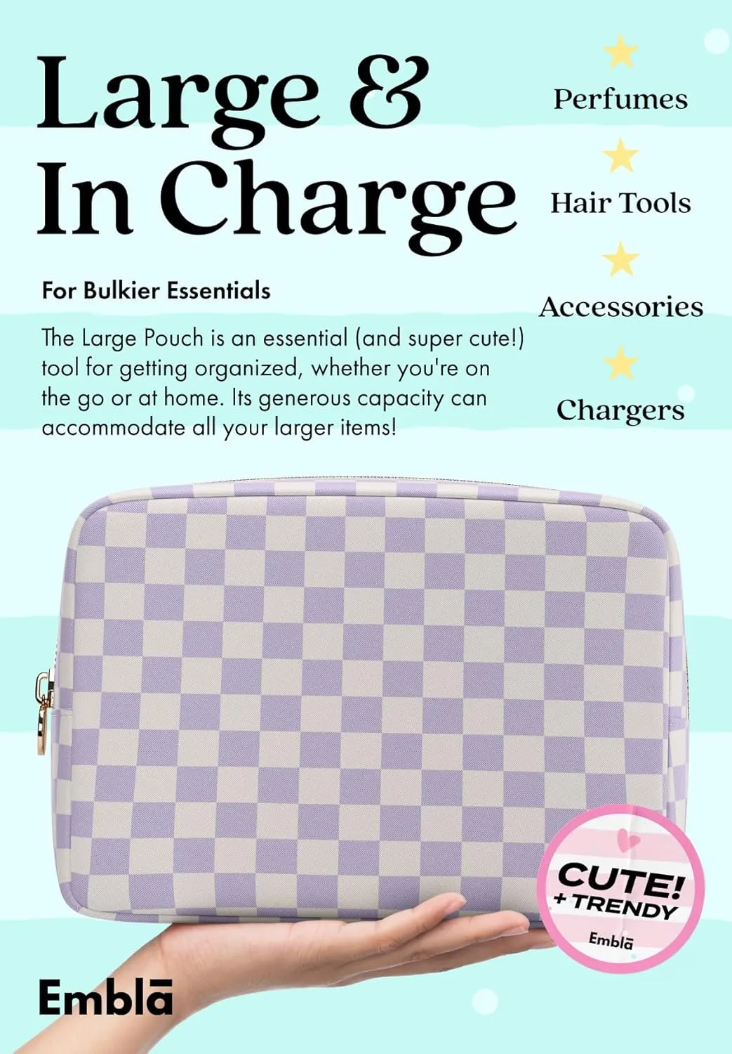 Embla Makeup Bag Travel Cosmetics Pouch and Toiletry Bag, Nylon Zipper Pouch Purse, Cute Make Up Organizer Storage Tote for Women Girls, Travel Skincare Case, Large Makeup Case, Dusty Rose Checkered