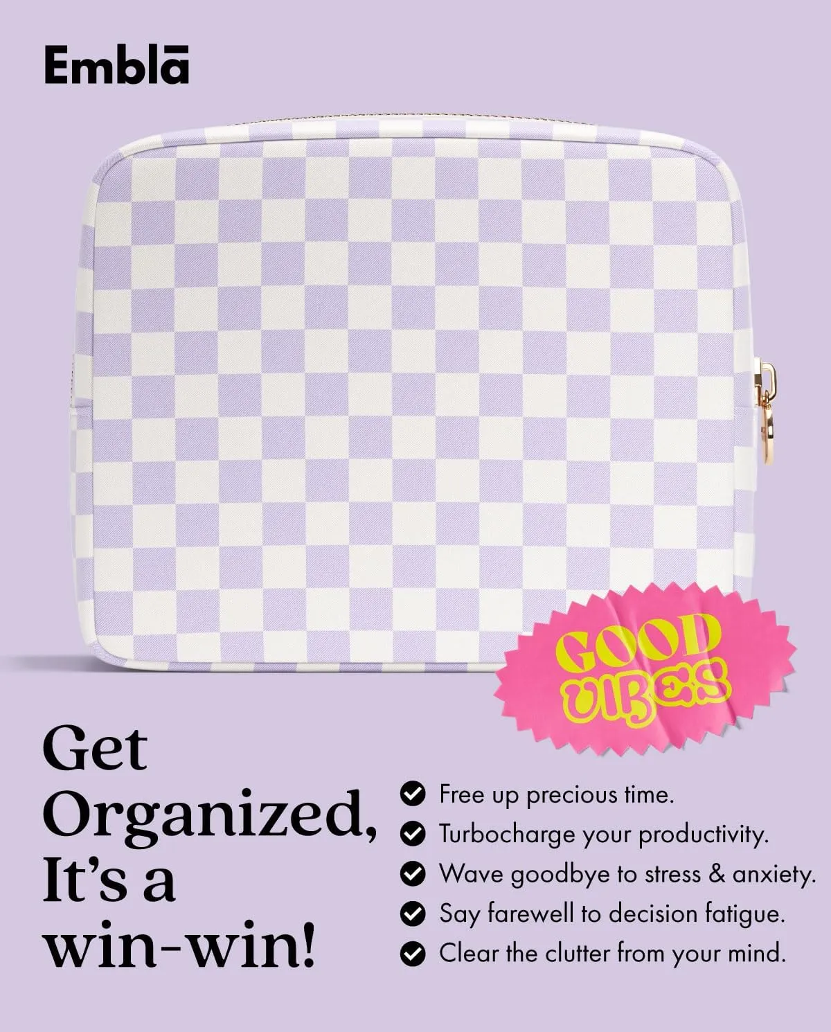 Embla Makeup Bag Travel Cosmetics Pouch and Toiletry Bag, Nylon Zipper Pouch Purse, Cute Make Up Organizer Storage Tote for Women Girls, Travel Skincare Case, Large Makeup Case, Dusty Rose Checkered