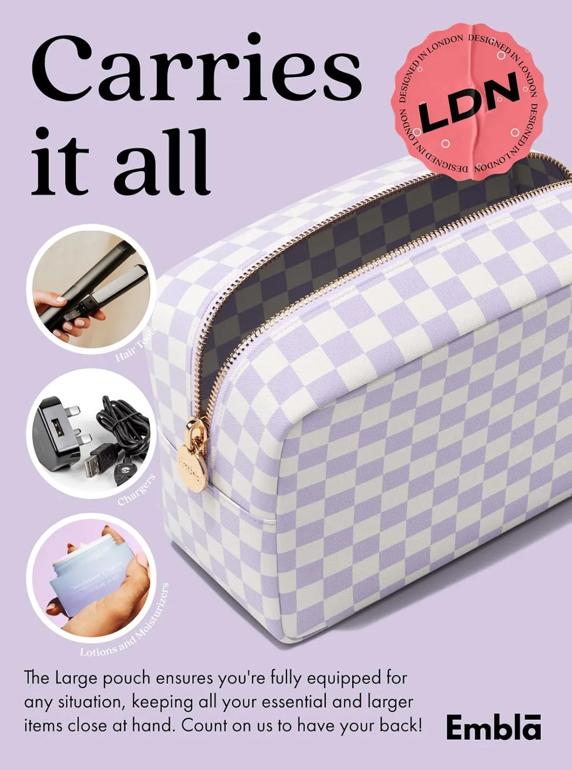 Embla Makeup Bag Travel Cosmetics Pouch and Toiletry Bag, Nylon Zipper Pouch Purse, Cute Make Up Organizer Storage Tote for Women Girls, Travel Skincare Case, Large Makeup Case, Dusty Rose Checkered