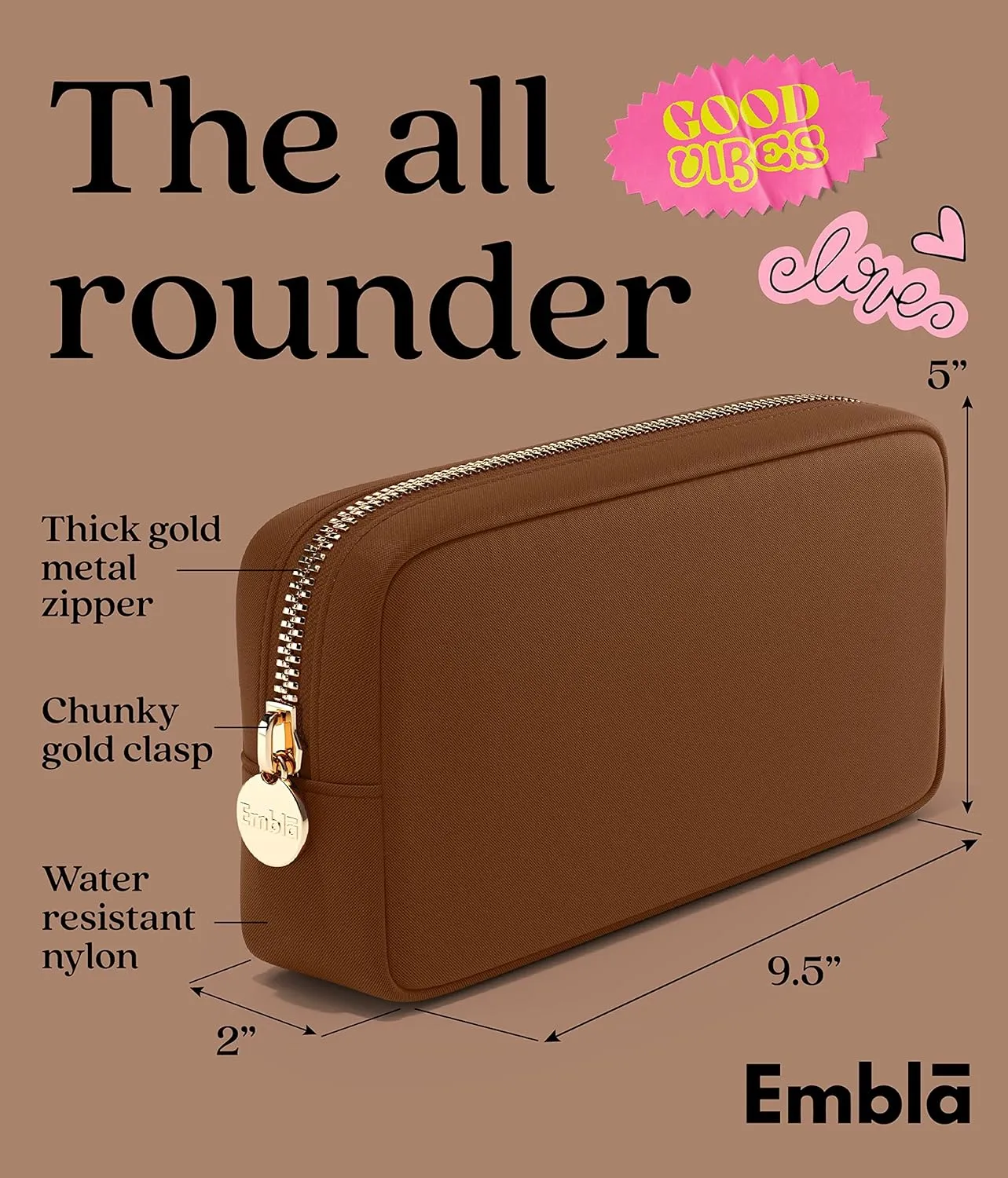 Embla Makeup Bag Travel Cosmetics Pouch and Toiletry Bag, Nylon Zipper Pouch Purse, Cute Make Up Organizer Storage Tote for Women Girls, Waterproof Travel Skincare Case, Small Makeup Bags, Chocolate