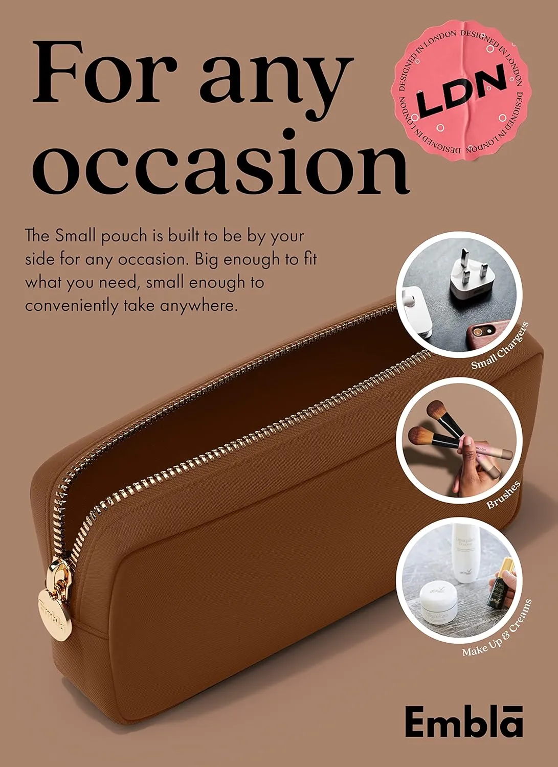 Embla Makeup Bag Travel Cosmetics Pouch and Toiletry Bag, Nylon Zipper Pouch Purse, Cute Make Up Organizer Storage Tote for Women Girls, Waterproof Travel Skincare Case, Small Makeup Bags, Chocolate