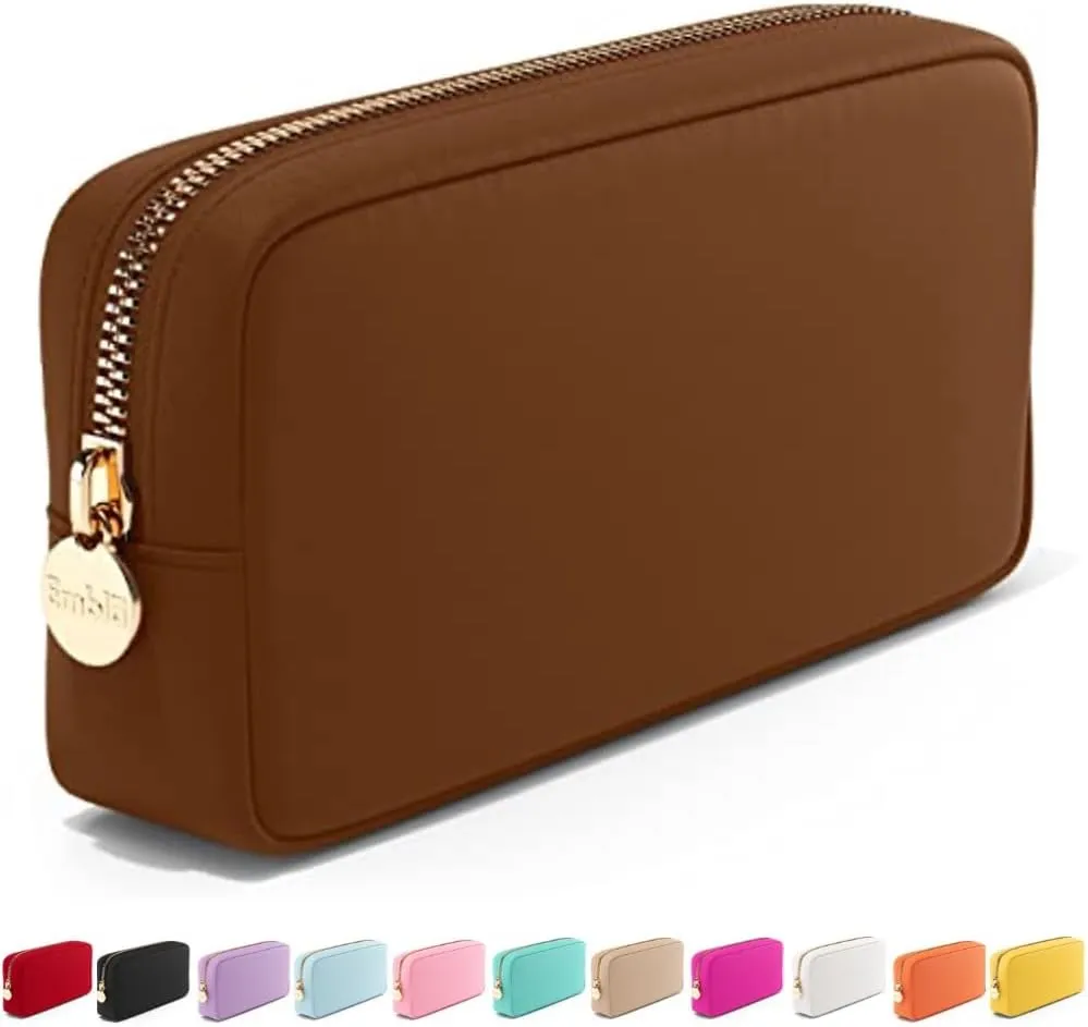Embla Makeup Bag Travel Cosmetics Pouch and Toiletry Bag, Nylon Zipper Pouch Purse, Cute Make Up Organizer Storage Tote for Women Girls, Waterproof Travel Skincare Case, Small Makeup Bags, Chocolate
