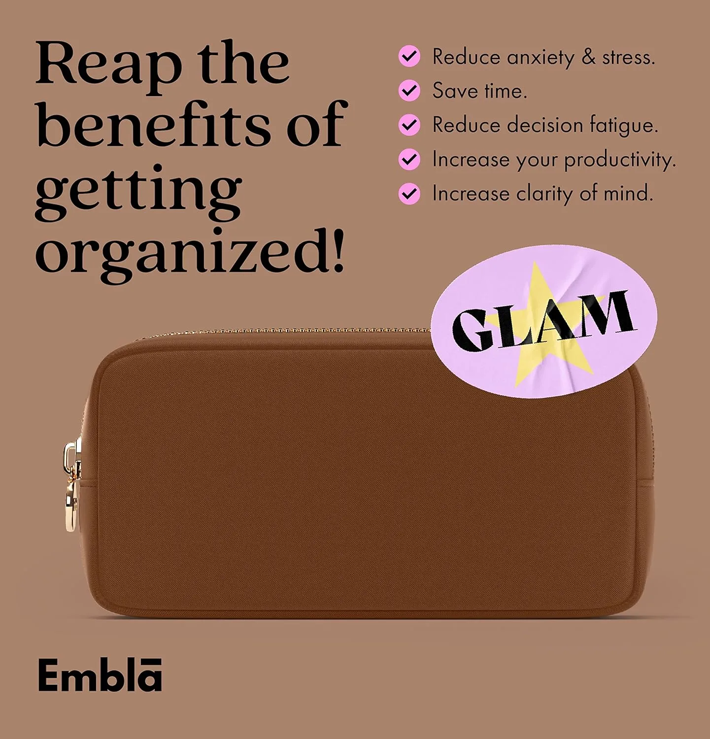 Embla Makeup Bag Travel Cosmetics Pouch and Toiletry Bag, Nylon Zipper Pouch Purse, Cute Make Up Organizer Storage Tote for Women Girls, Waterproof Travel Skincare Case, Small Makeup Bags, Chocolate