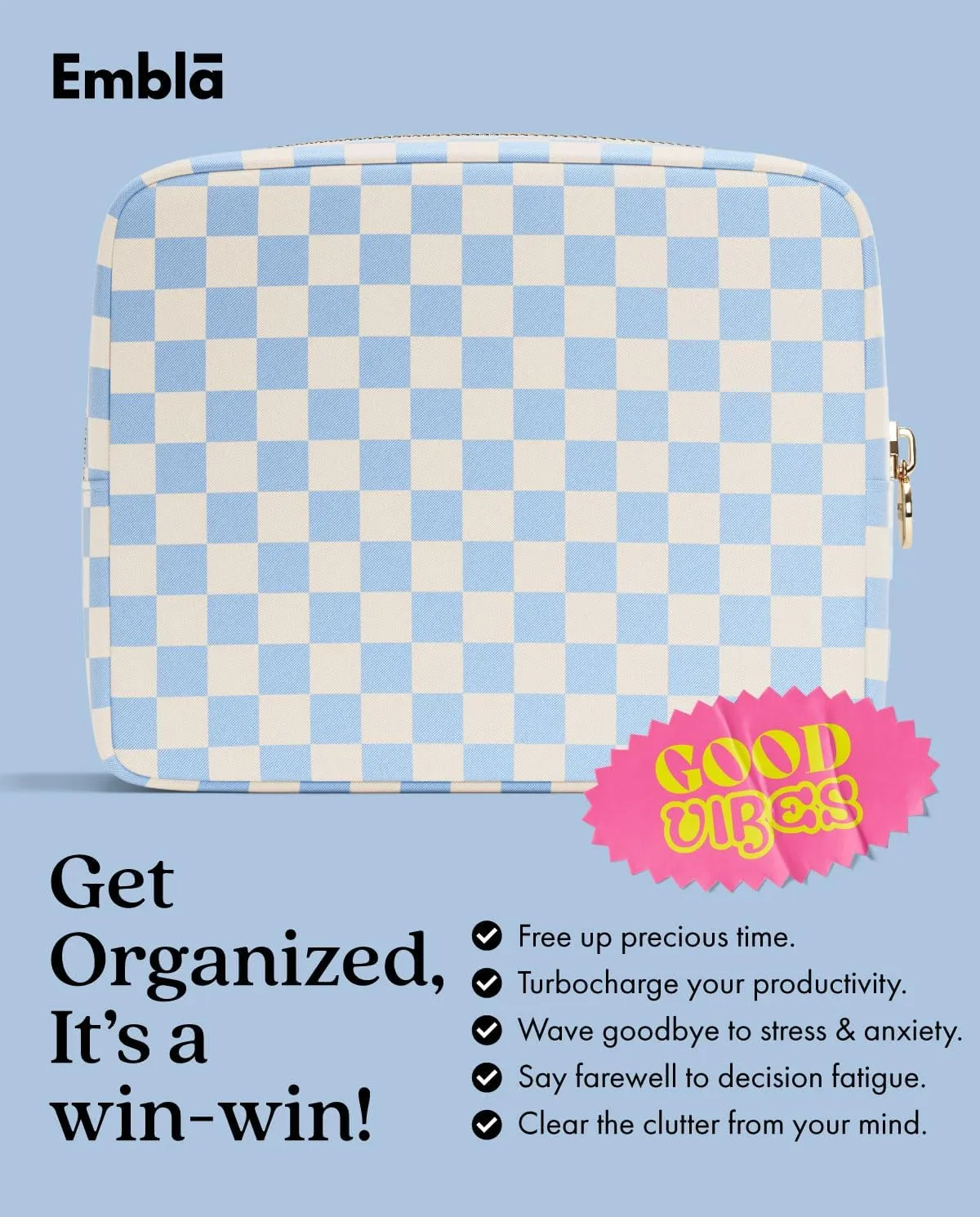 Embla Makeup Bag Travel Cosmetics Pouch and Toiletry Bag, Nylon Zipper Pouch Purse, Cute Make Up Organizer Storage Tote for Women Girls,Travel Skincare Case, Large Makeup Case, Sky Checkered