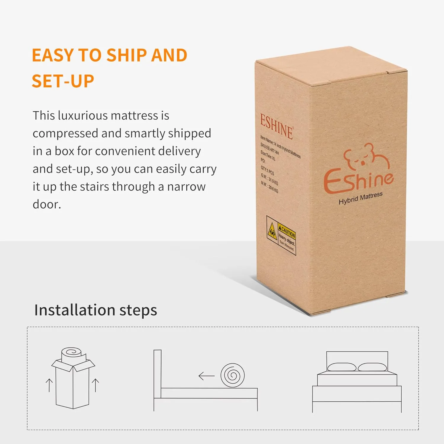 ESHINE Adjustable Bed Frame   12" Hybrid Mattress Split King - Luxury Gel Memory Foam, Upholstered Bed Frames with Massage, USB, Under Bed Night Light, Head and Foot Incline, Split King