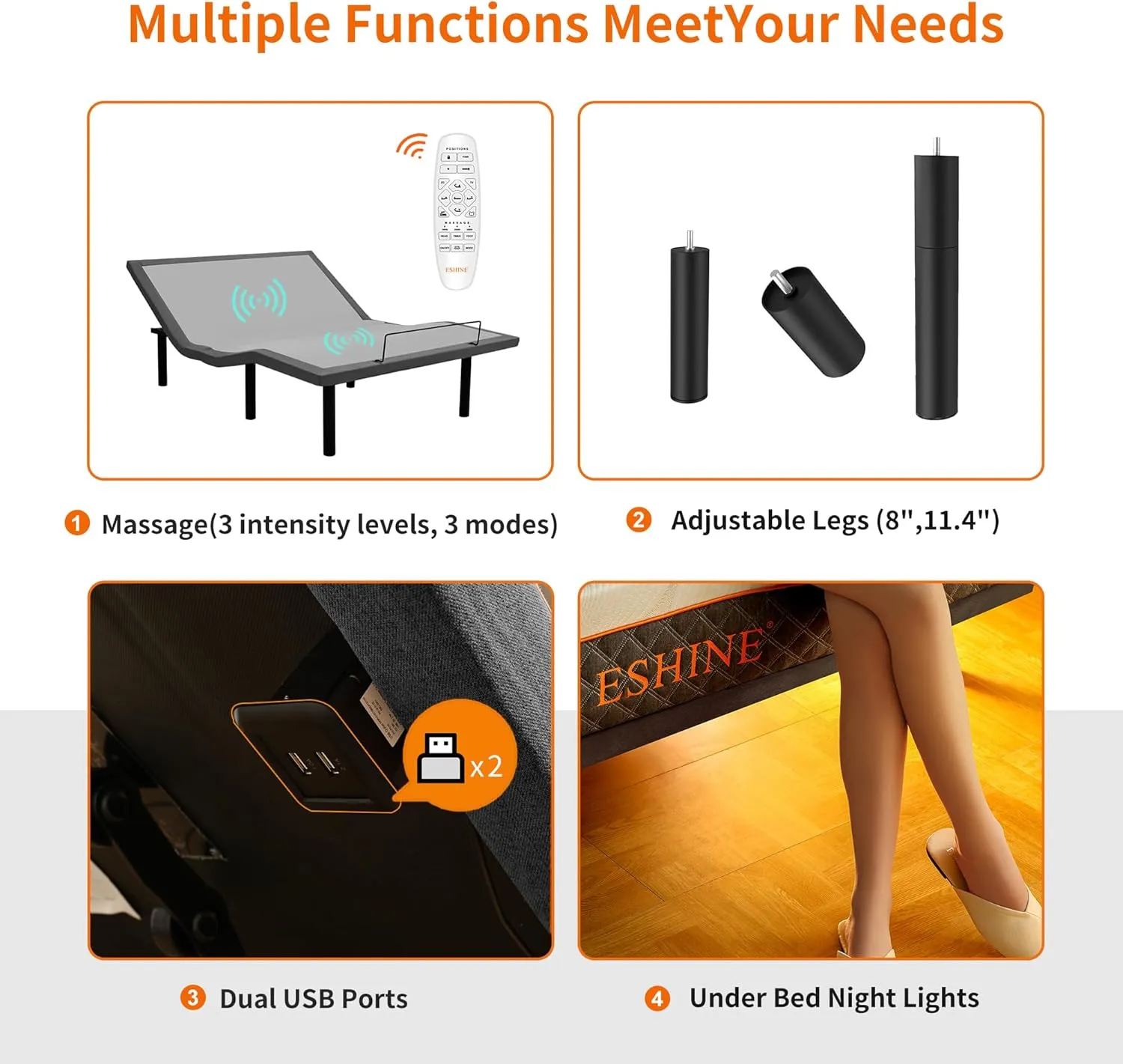 ESHINE Adjustable Bed Frame   12" Hybrid Mattress Split King - Luxury Gel Memory Foam, Upholstered Bed Frames with Massage, USB, Under Bed Night Light, Head and Foot Incline, Split King