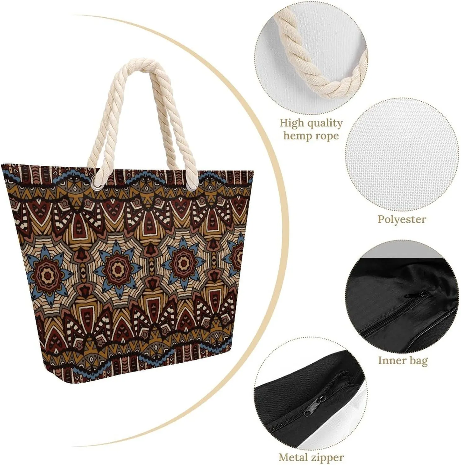 Ethnic Vintage Tribal Beach Bags for Women Waterproof Large Tote Bag with Zipper Travel Carry Bag Grocery Handbag