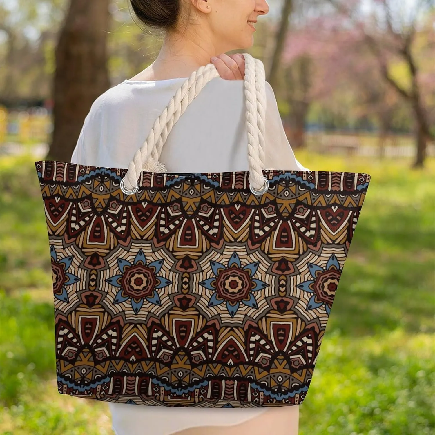 Ethnic Vintage Tribal Beach Bags for Women Waterproof Large Tote Bag with Zipper Travel Carry Bag Grocery Handbag