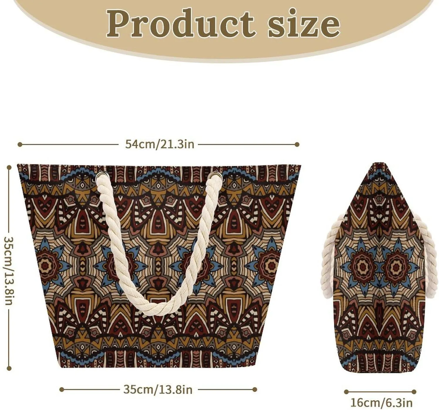 Ethnic Vintage Tribal Beach Bags for Women Waterproof Large Tote Bag with Zipper Travel Carry Bag Grocery Handbag