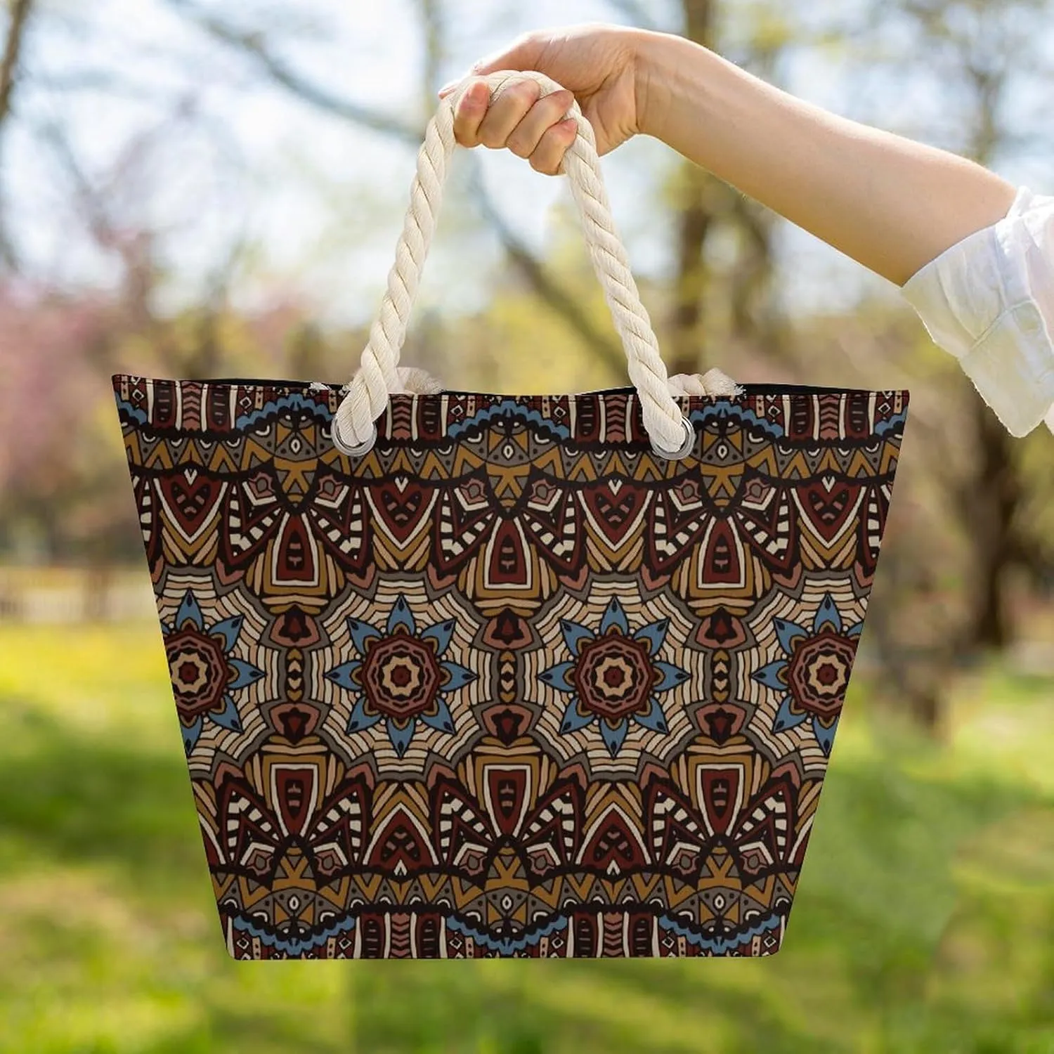 Ethnic Vintage Tribal Beach Bags for Women Waterproof Large Tote Bag with Zipper Travel Carry Bag Grocery Handbag