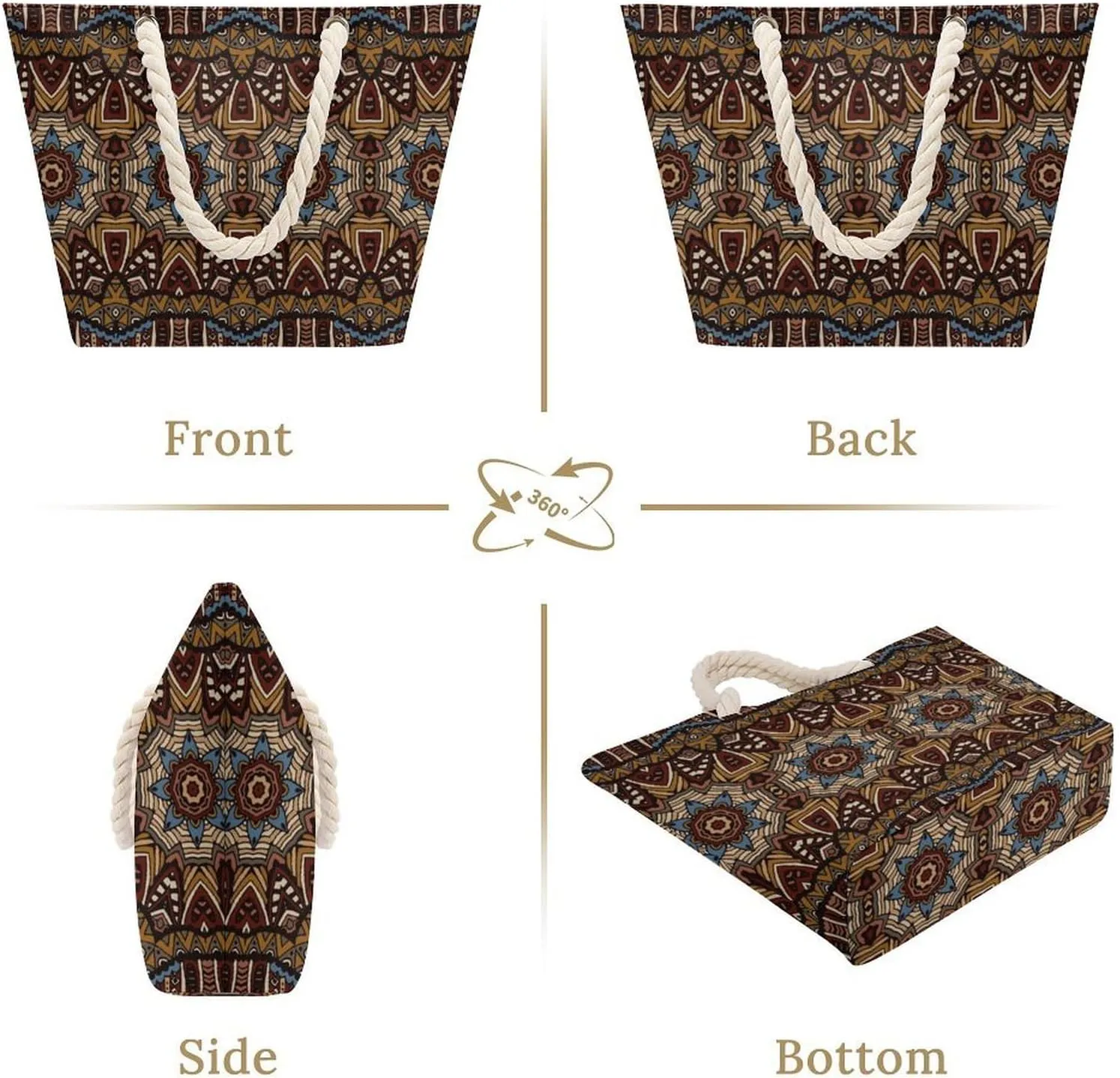 Ethnic Vintage Tribal Beach Bags for Women Waterproof Large Tote Bag with Zipper Travel Carry Bag Grocery Handbag