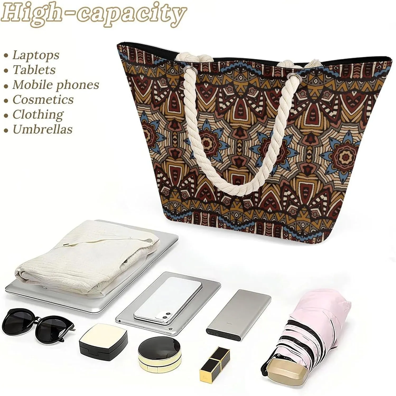 Ethnic Vintage Tribal Beach Bags for Women Waterproof Large Tote Bag with Zipper Travel Carry Bag Grocery Handbag