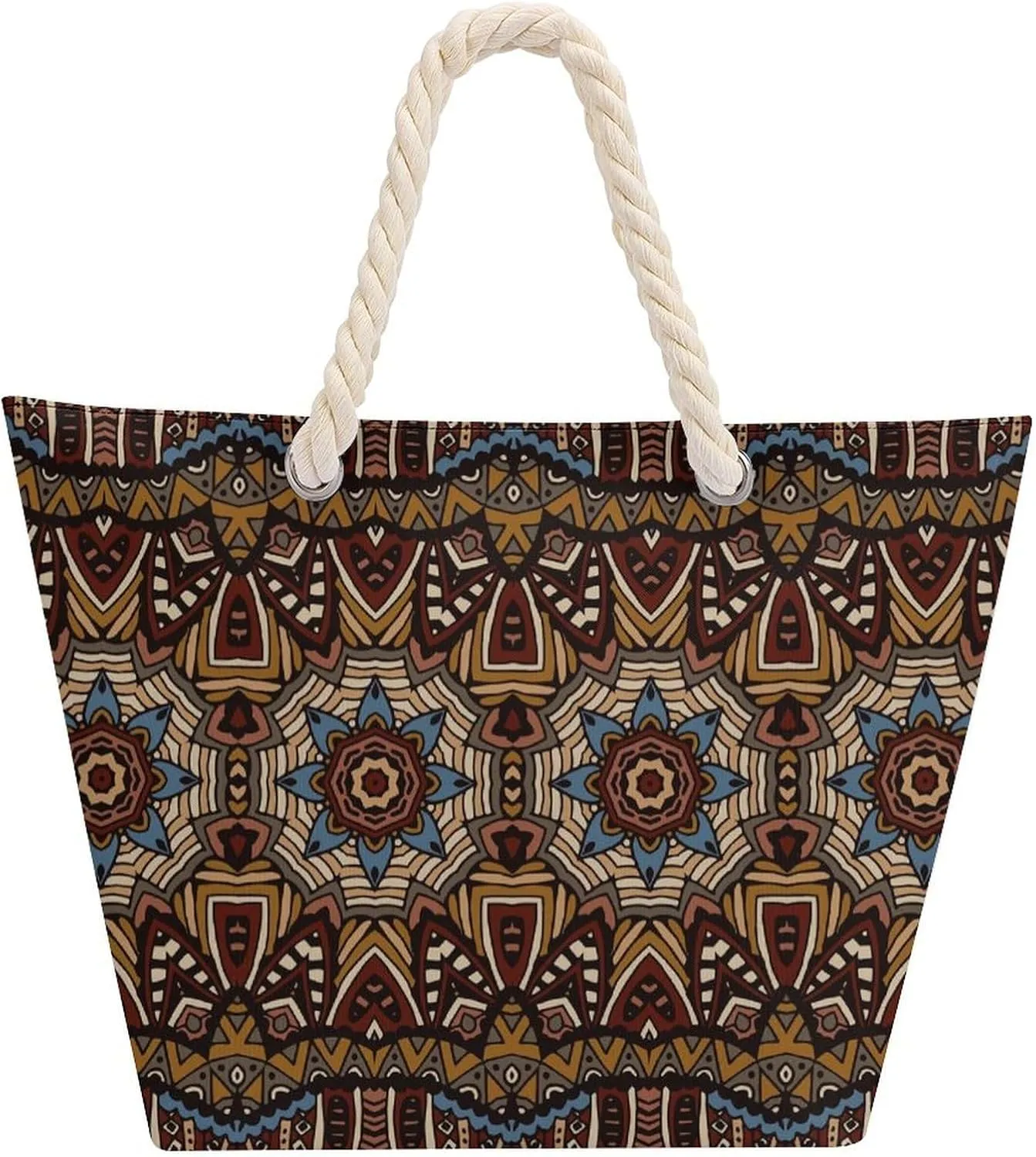 Ethnic Vintage Tribal Beach Bags for Women Waterproof Large Tote Bag with Zipper Travel Carry Bag Grocery Handbag