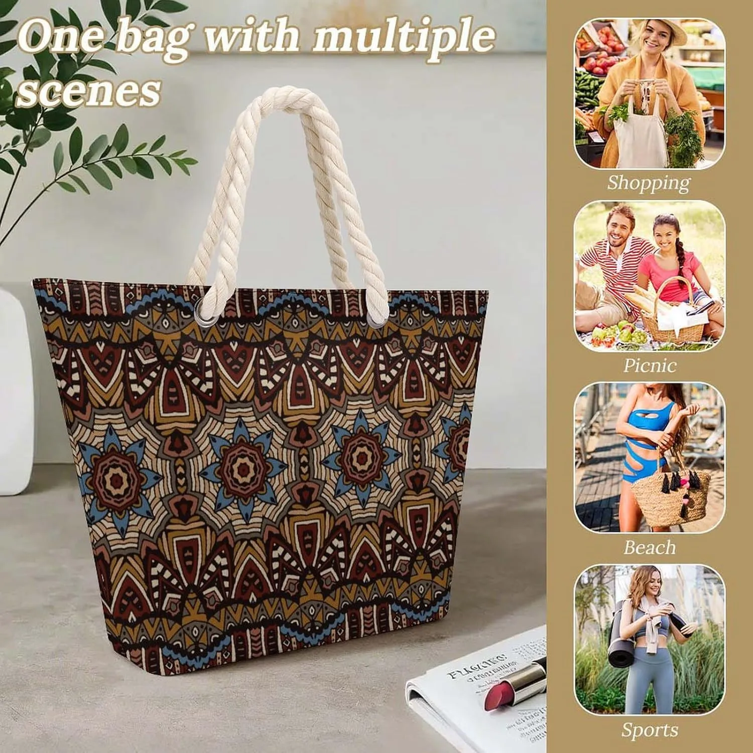 Ethnic Vintage Tribal Beach Bags for Women Waterproof Large Tote Bag with Zipper Travel Carry Bag Grocery Handbag