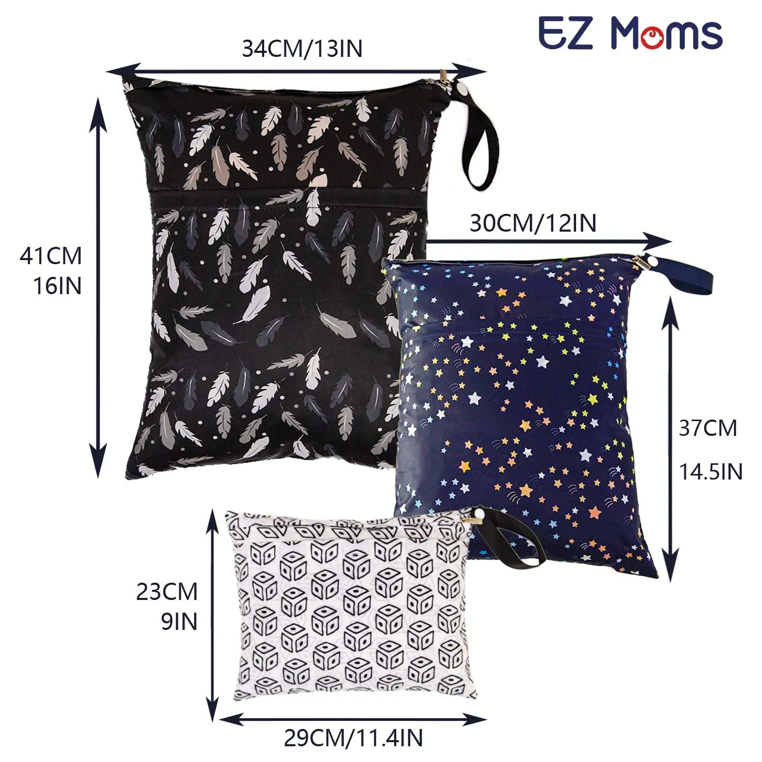 EZ Moms 4 Pcs Waterproof Wet Bag With Two Pockets for Diaper Pouch - Large Reusable Dry Bag for Swimming, Wet Clothes (3 Sizes)