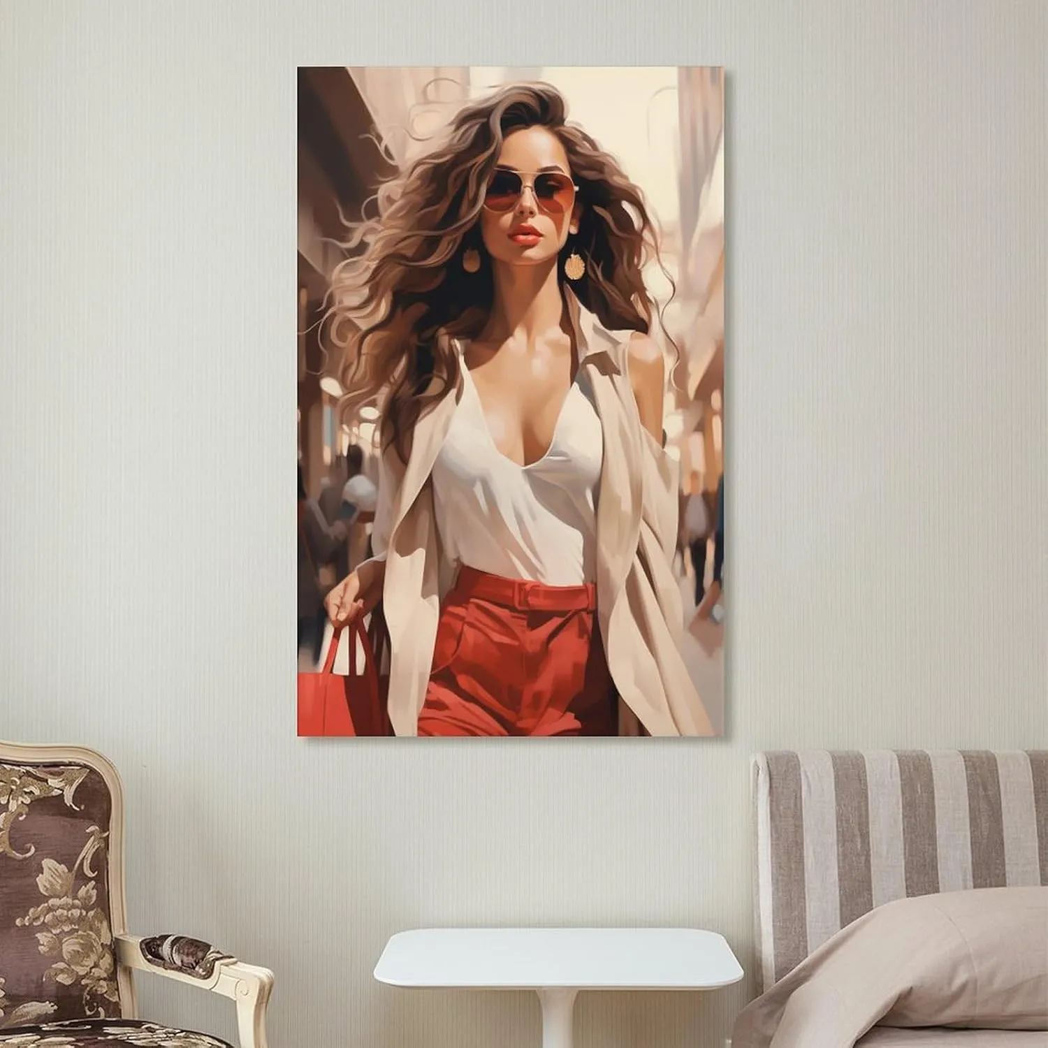 Fashion Young Woman Wall Art For Girl Bedroom Decor Handbag Shopping Funky Poster Luxury Aesthetic Painting Trendy Picture (03-beautiful Lady,16x24inch-Unframe)