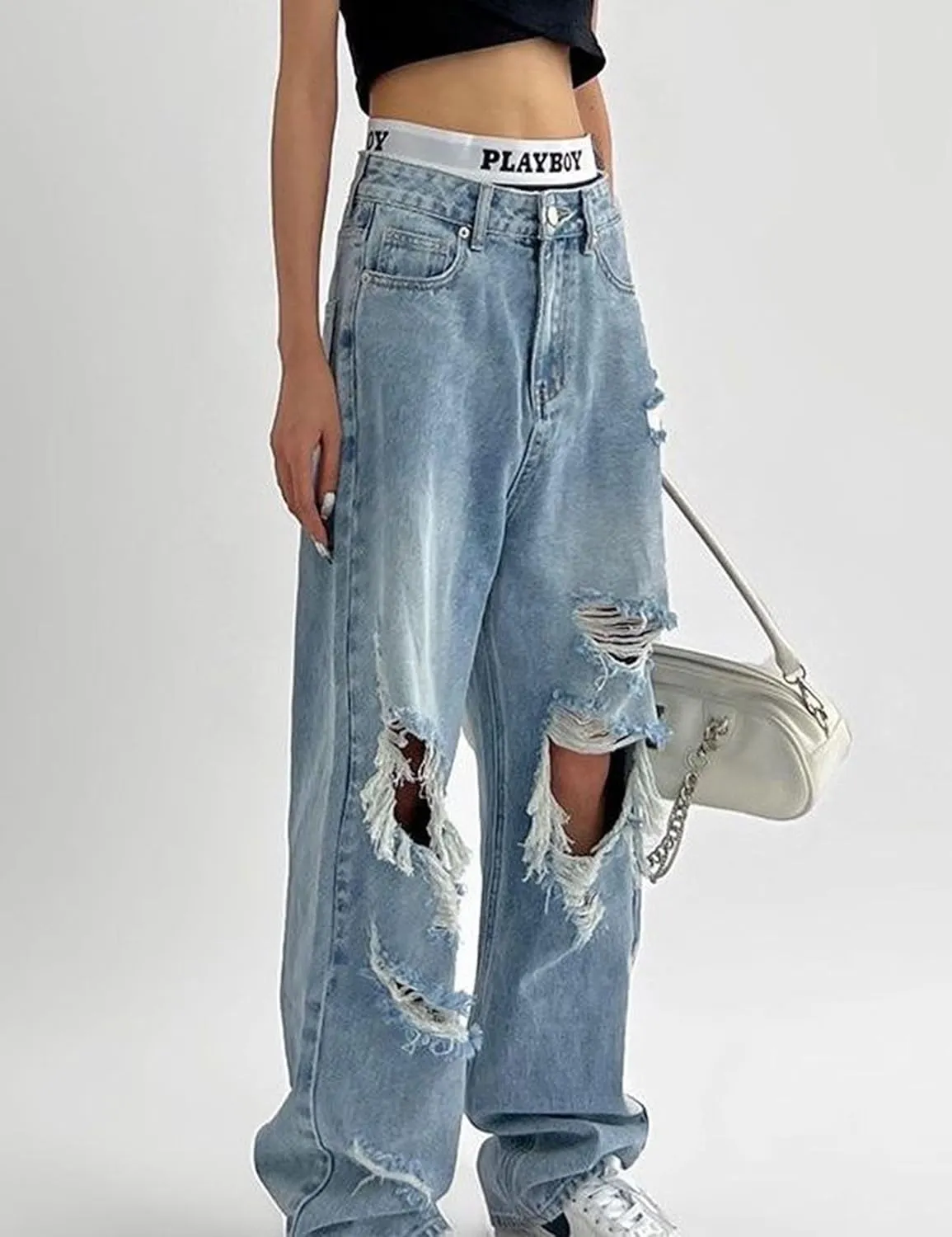 FCOOLYEET Men's Baggy Jeans Y2k Grunge Distressed Ripped Jeans Streetwear Wide Leg Hip Hop Denim Pants with Holes