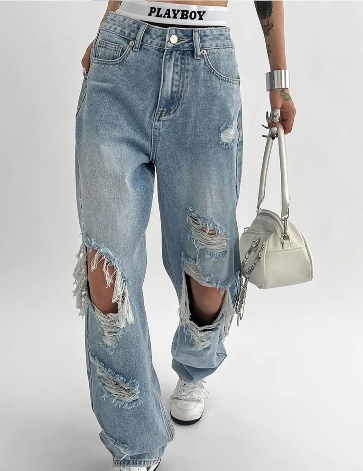 FCOOLYEET Men's Baggy Jeans Y2k Grunge Distressed Ripped Jeans Streetwear Wide Leg Hip Hop Denim Pants with Holes