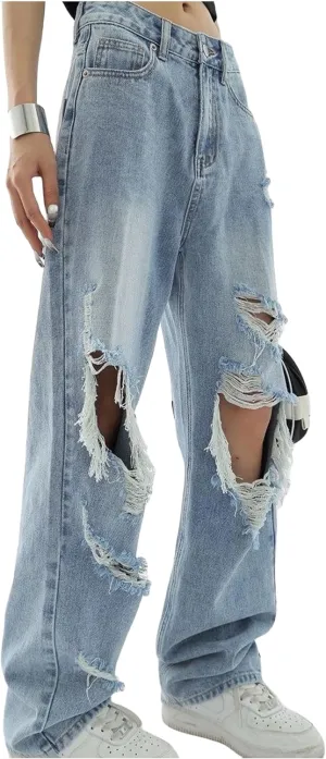 FCOOLYEET Men's Baggy Jeans Y2k Grunge Distressed Ripped Jeans Streetwear Wide Leg Hip Hop Denim Pants with Holes
