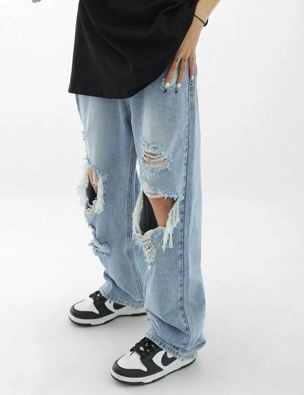 FCOOLYEET Men's Baggy Jeans Y2k Grunge Distressed Ripped Jeans Streetwear Wide Leg Hip Hop Denim Pants with Holes