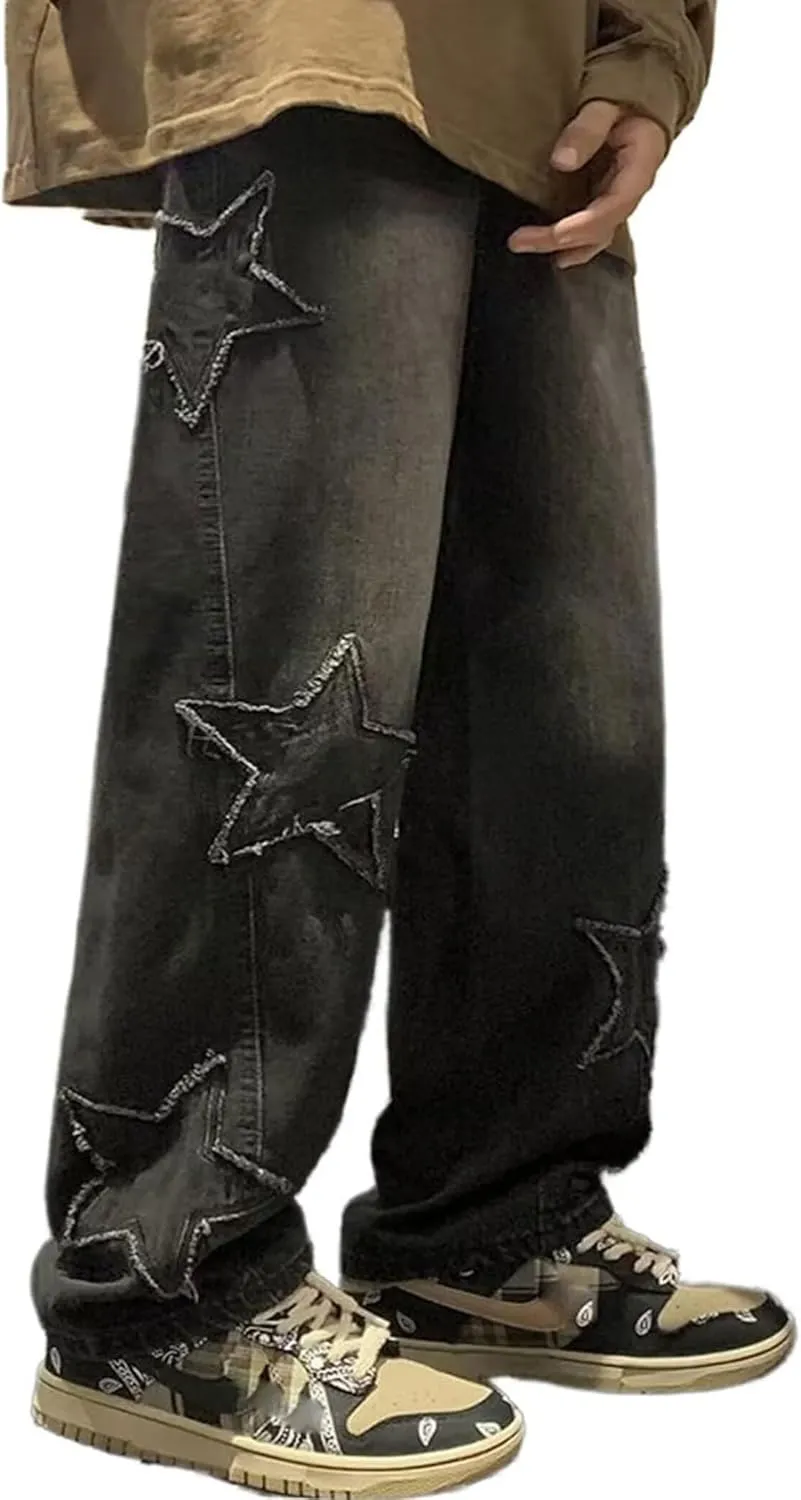 FCOOLYEET Mens Y2k Jeans Hip Hop Baggy Star Denim Pants Straight Leg Demin Joggers Aesthetic Graphic Jeans Streetwear