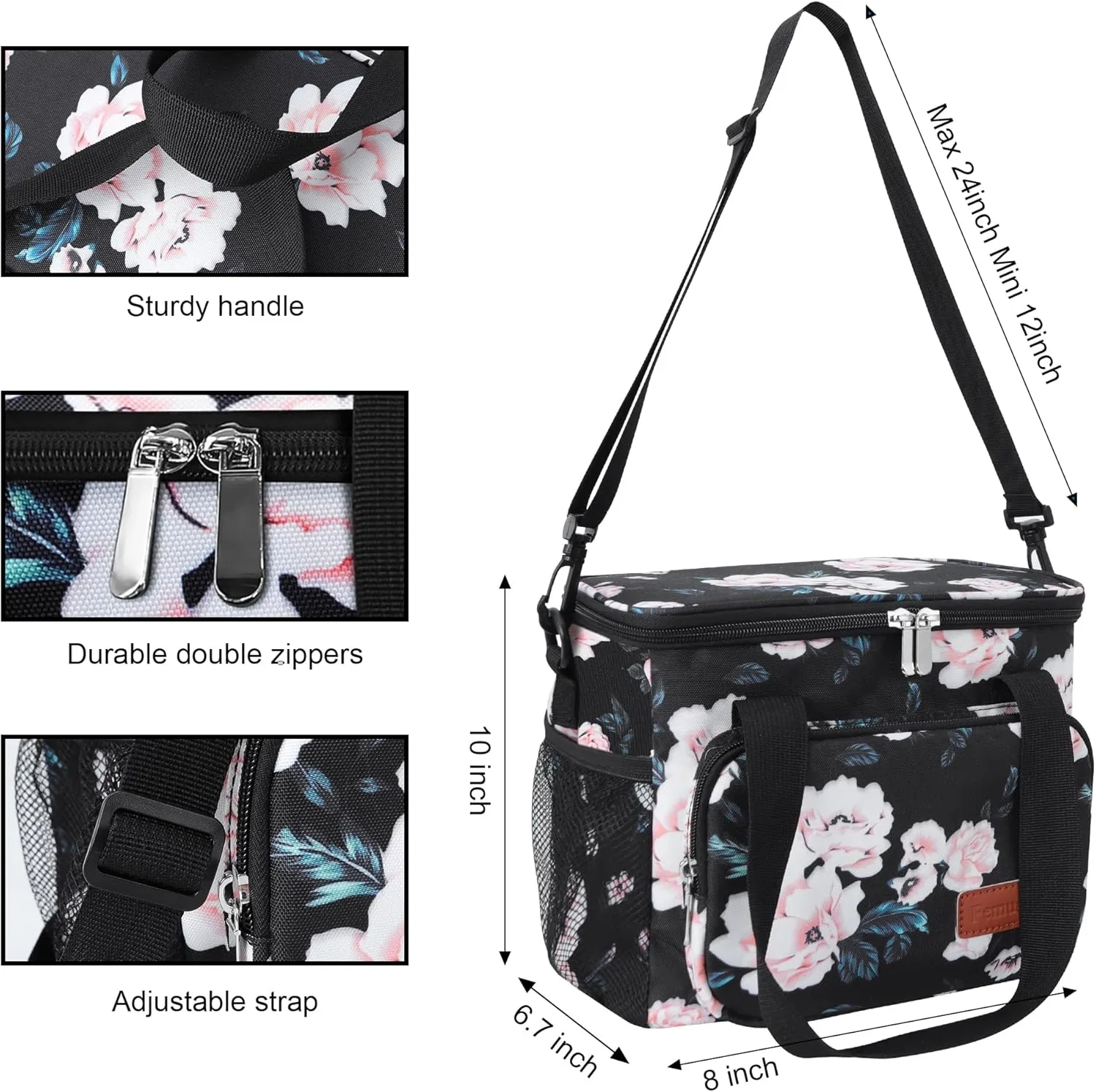 Femuar Lunch Bags for Women/Men, Insulated Lunch Bag for Work Office - Lunch Cooler Bag Leakproof Lunch Box with Adjustable Shoulder Strap - Pink flower