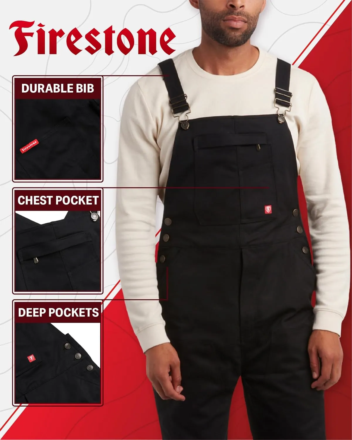 Firestone Mens Overalls - Water Resistant Twill Bib Overalls Jumpsuit for Work Utility and Safety (Sizes: M-XXL, Runs Small)