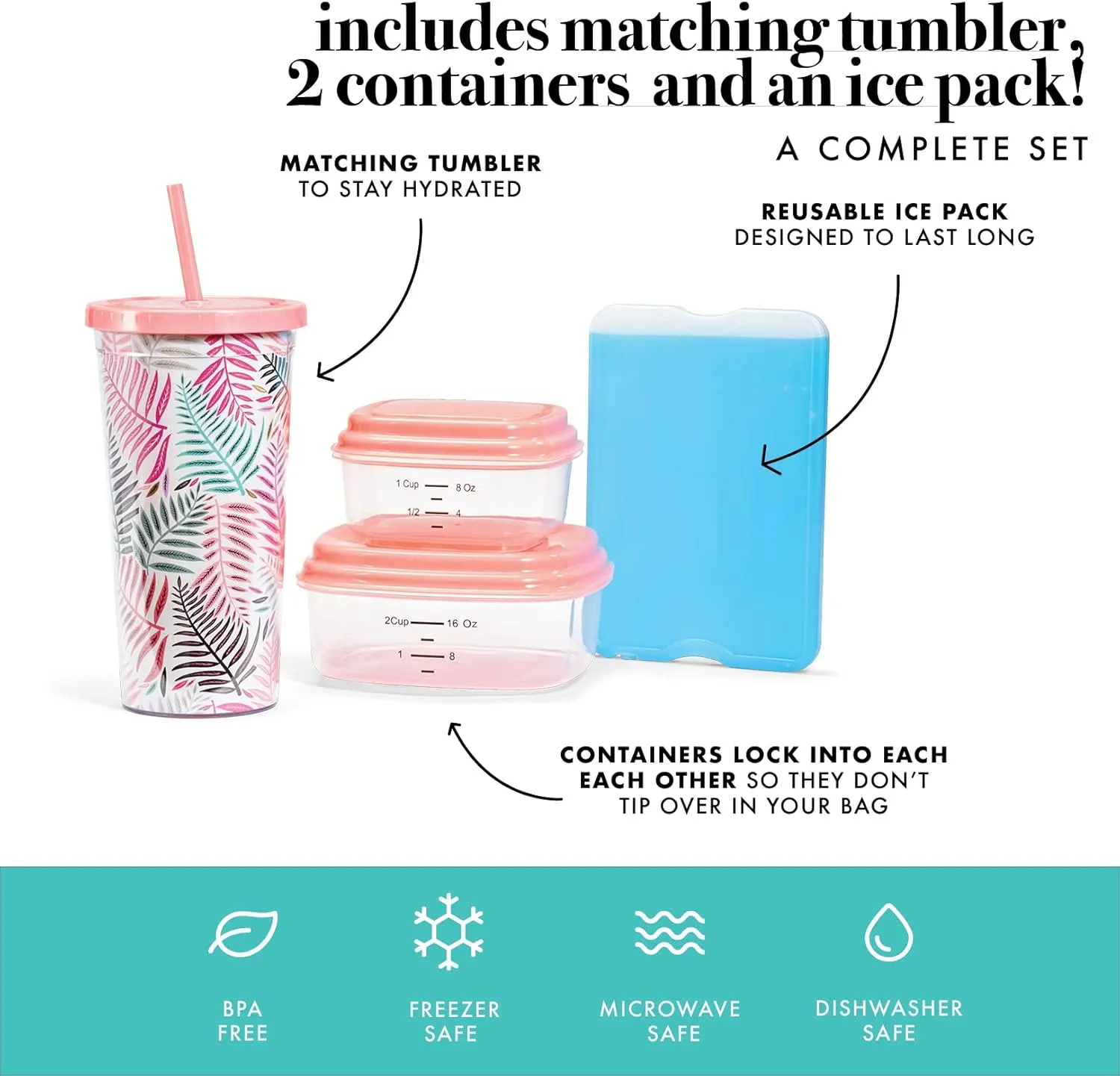 Fit & Fresh Lunch Bag For Women, Insulated Womens Lunch Bag For Work, Leakproof & Stain-Resistant Large Lunch Box For Women With Containers, Tumbler and Ice Pack, Zipper Closure Wichita Bag Palm